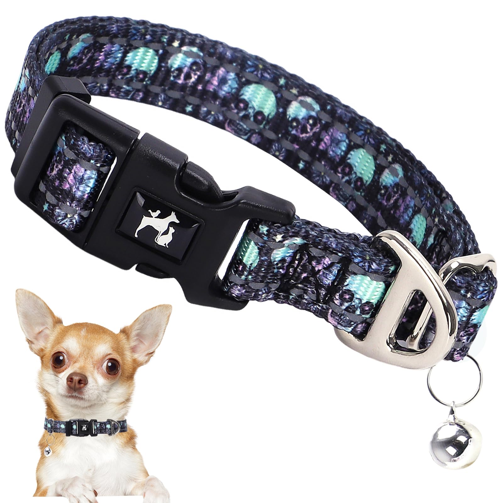 Xs Dog Collar With Bell - Soft Adjustable Nylon Collar For Small Breeds, Skull Pattern Reflective Collar For Chihuahua Pomerania