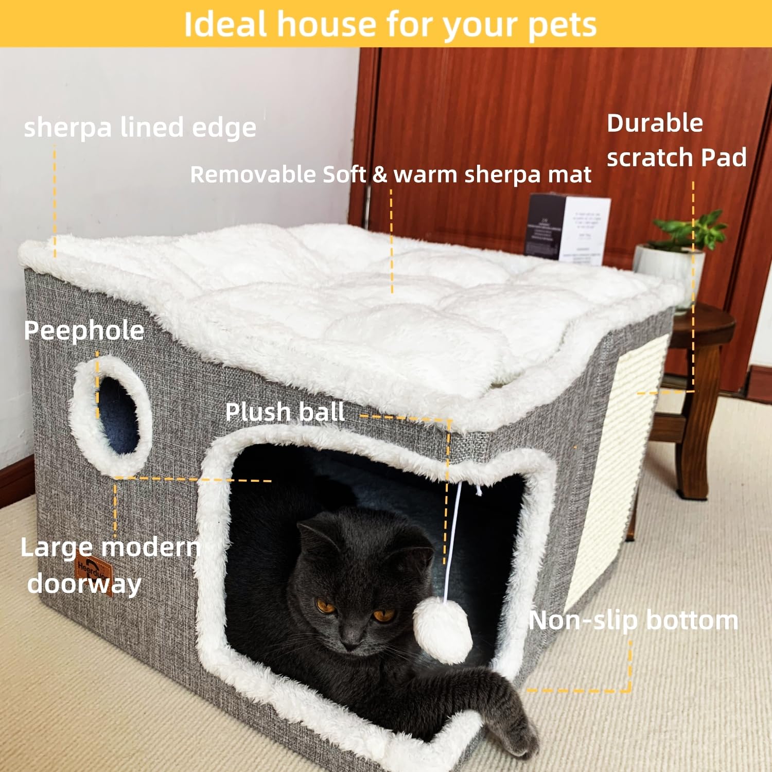 Heerduos Cat Bed For Indoor Cats,Covered Cat Cave House & Furniture With Scratch Pad,Foldable Cat Hideaway Hut Cute Cat Condo Wi