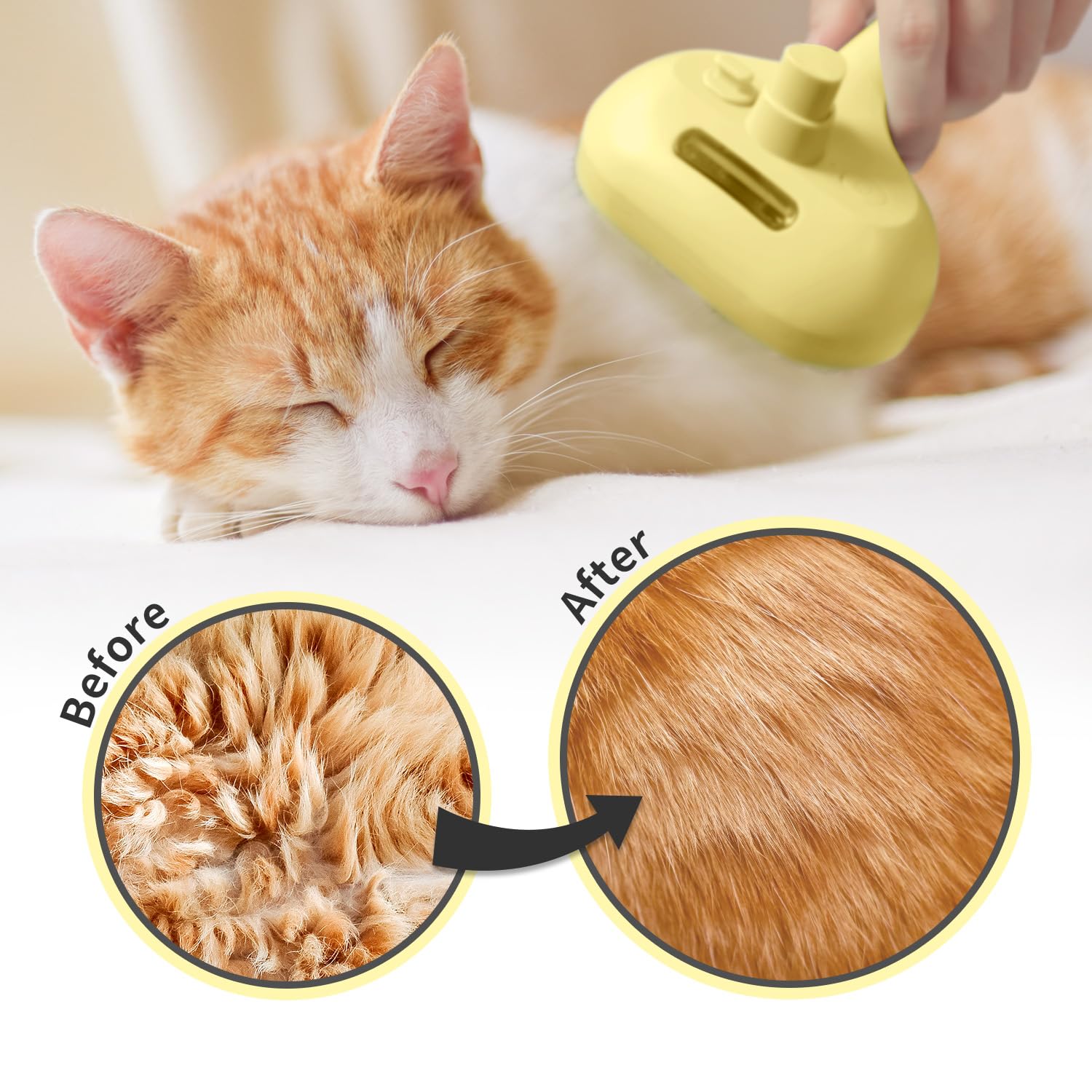 Pecait 3 In 1 Steamy Brush with Release Button and Tank, Anti-Static Pet Brush for Long and Short Hair Pets to Remove Tangles an