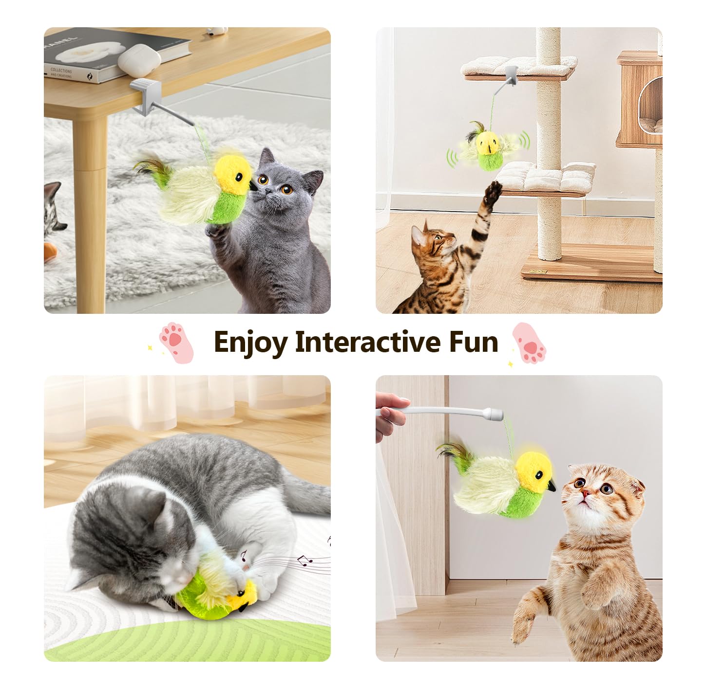 Migipaws Cat Toys,Interactive Lifelike Amakihi Flying Flapping Bird With Catnip, Feathers Hanging By Elastic String, Automatic C