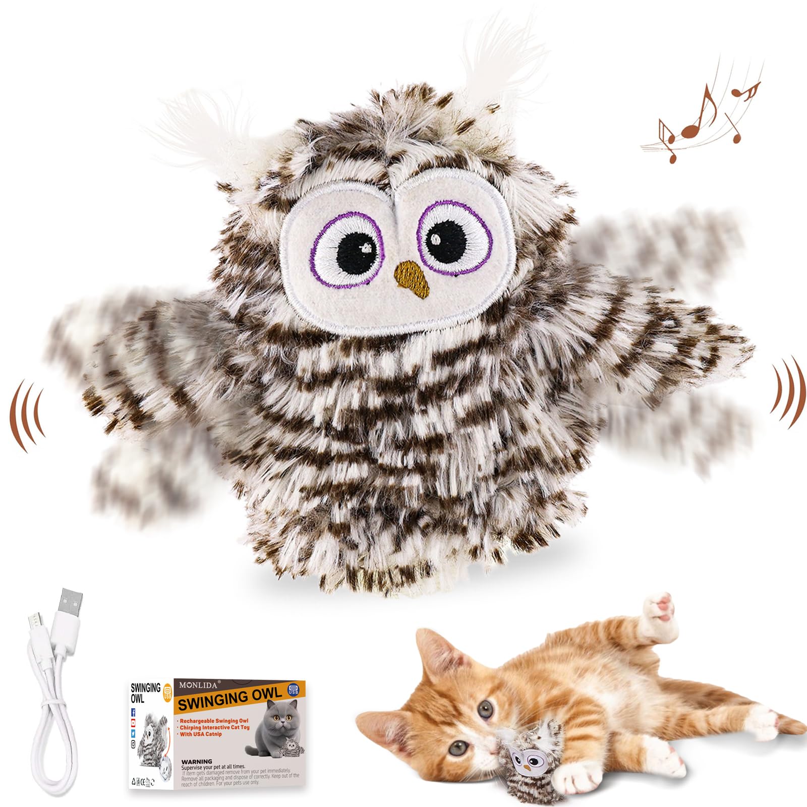 Interactive Flapping Wings Owl Cat Toys,Bird Sound Catnip Toys For Cats,Rechargeable 3 Vibration Modes Indoor Cat Toy,For Preven