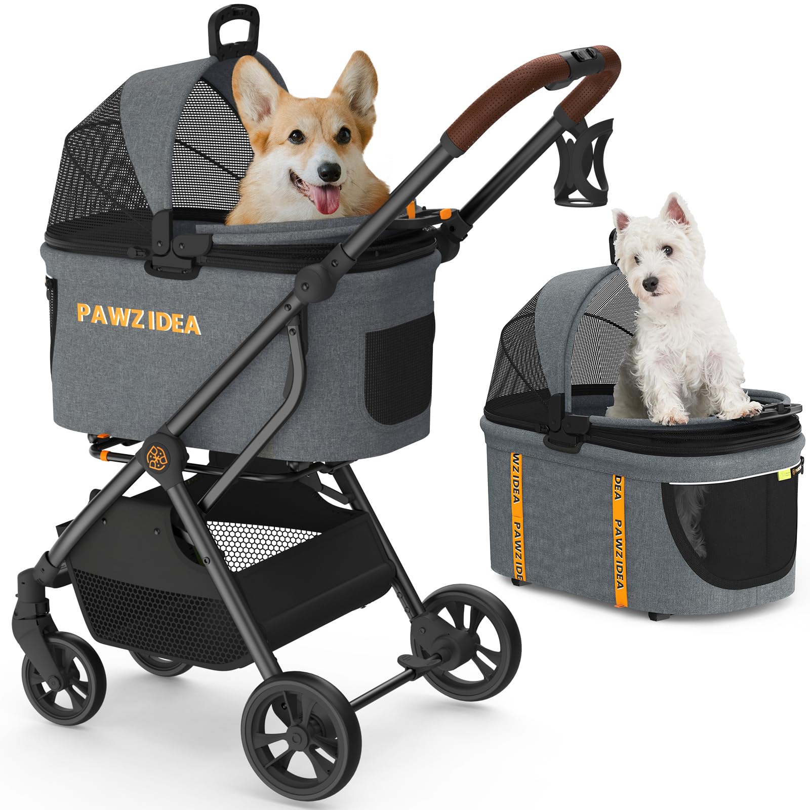 Pawzidea Pet Stroller 4 In 1, Dog Strollers For Small/Medium Dogs With Detachable Carrier Easy Lock Canopy, Seatbelt Puppy Car S