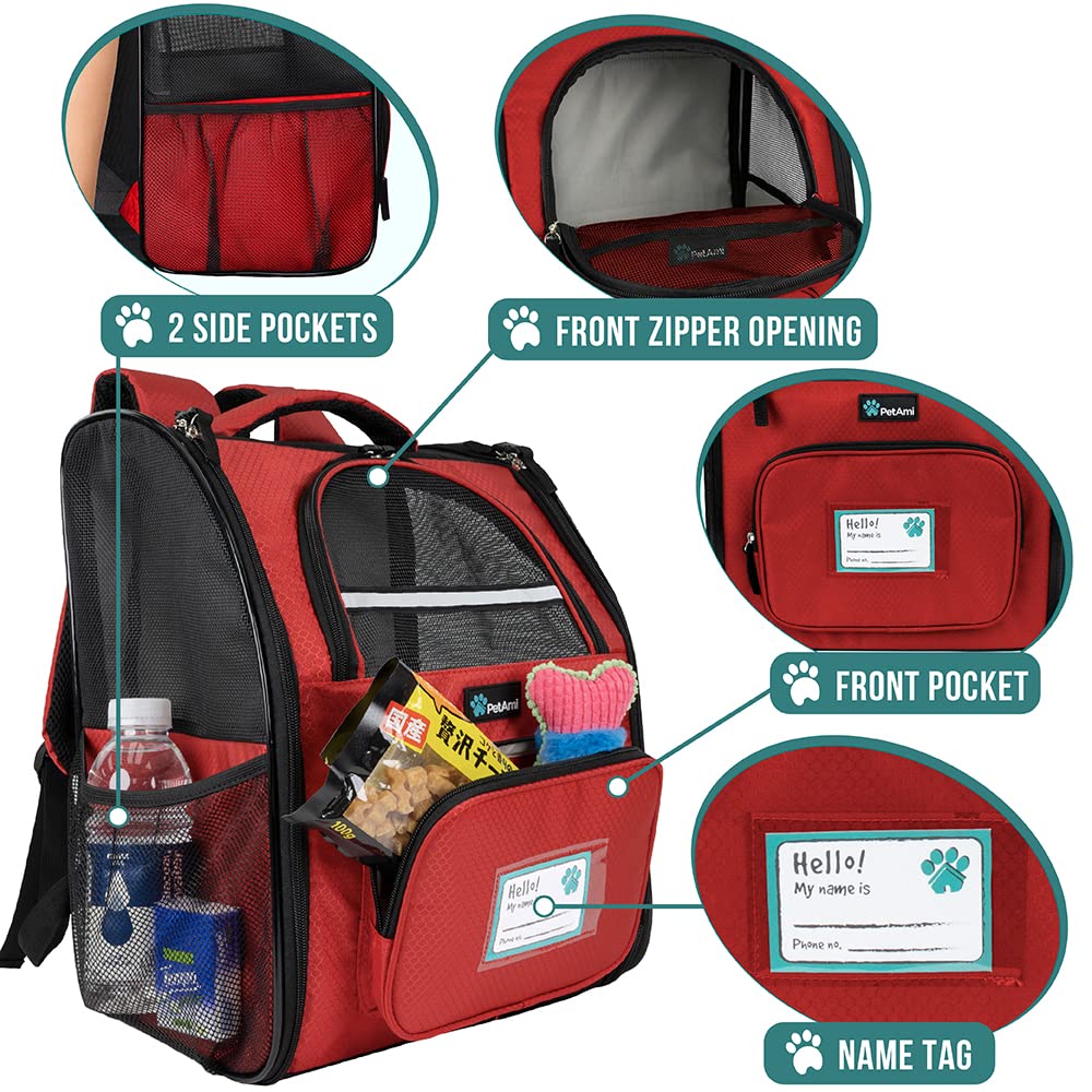 Petami Dog Backpack Carrier For Small Large Cat, Pet, Puppy, Ventilated Pet Hiking Backpack Travel Bag, Airline Approved Cat Backpack Carrier, Camping Biking Dog Bag Up To 18Lbs Pet, Red