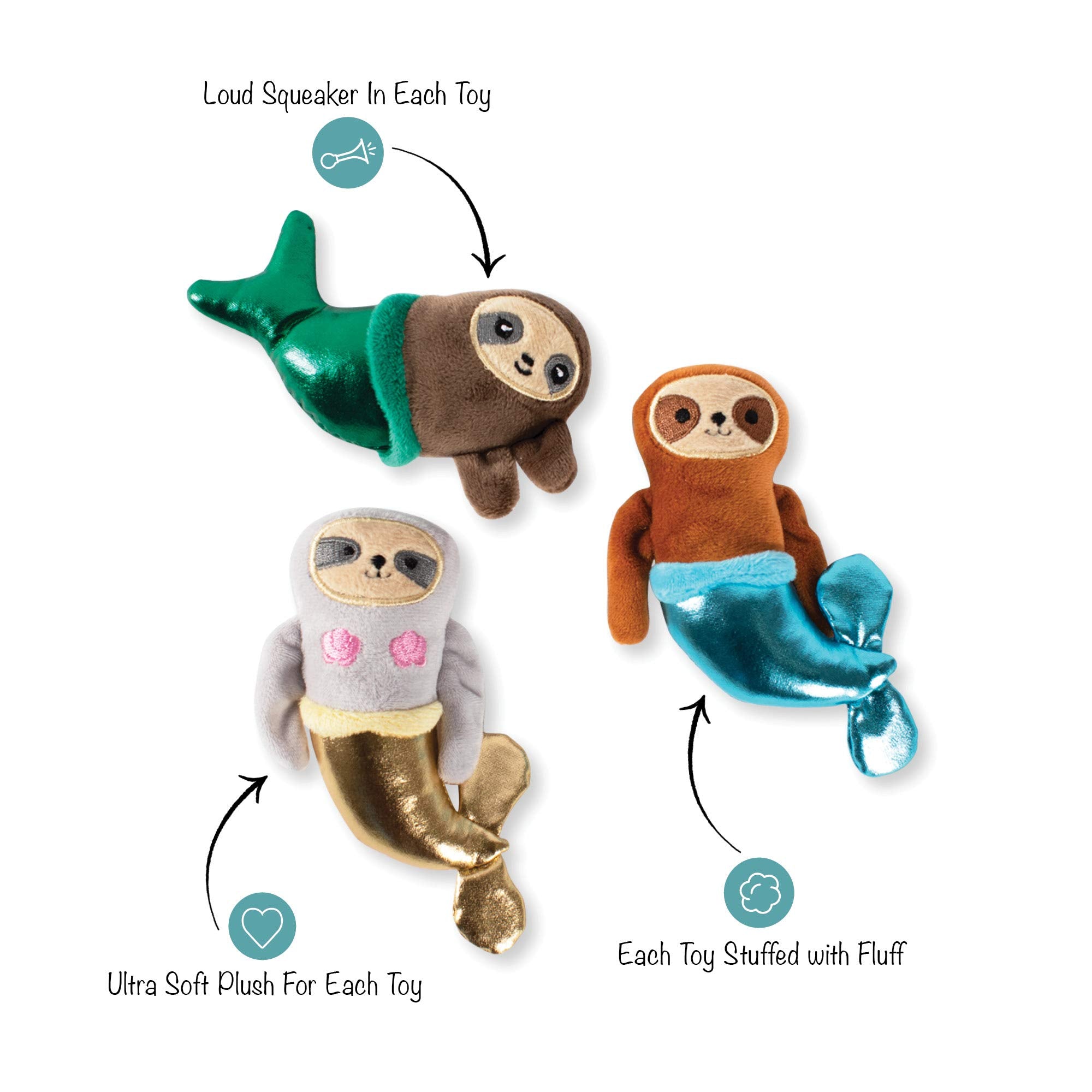 Fringe Studio Squeaker Pet Toy Set, Set of 3, Sloth Mermaids (289438), Multicolor