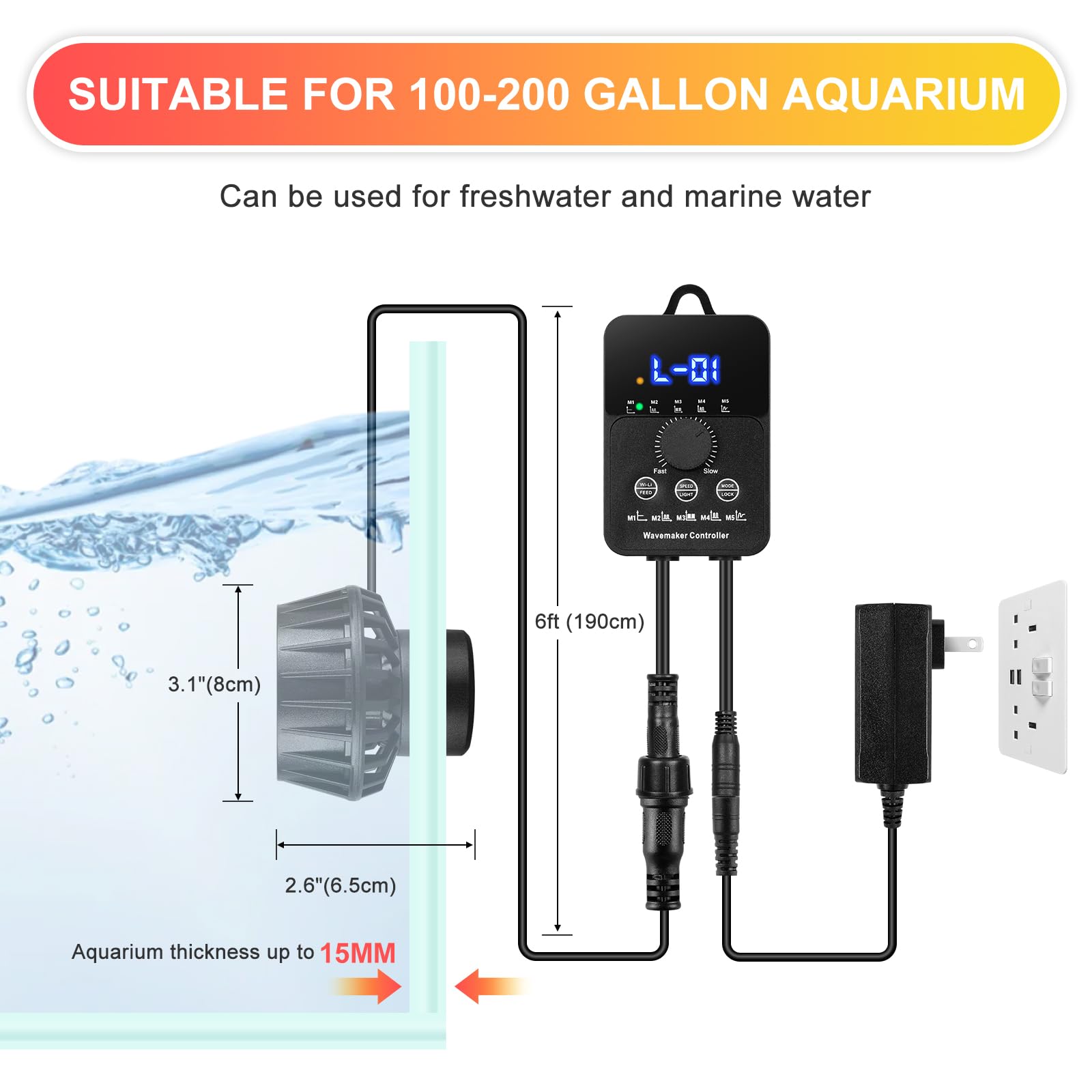 JEREPET 3400GPH Aquarium Wave Maker DC24V Power head with Magnetic Mounting,Wavemaker with Controller for 100-200 Gallon Fish Ta