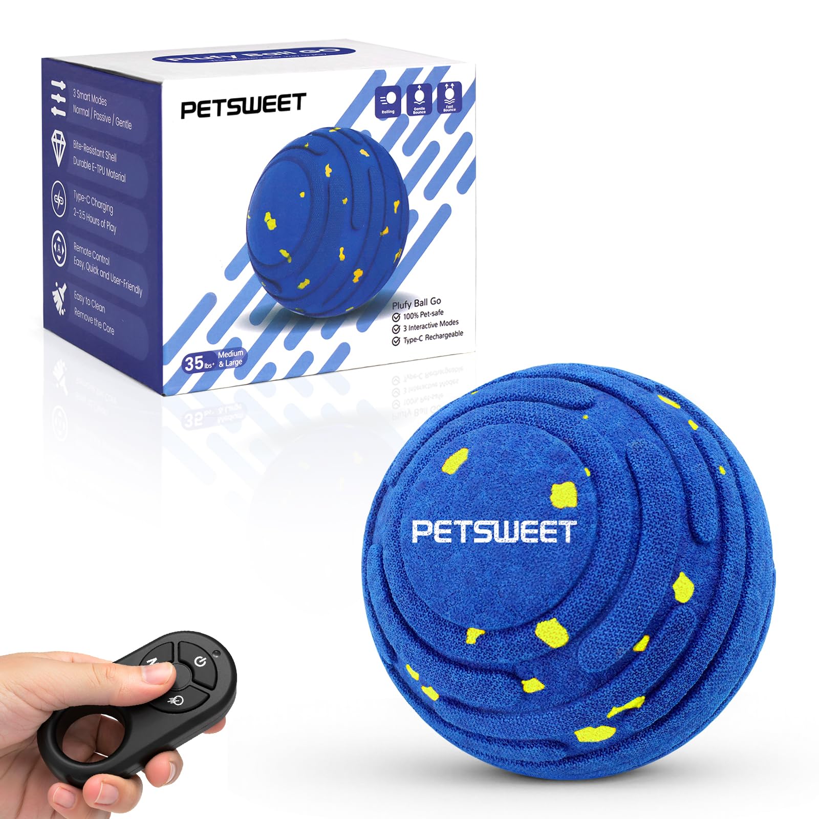 PETSWEET Smart Interactive Dog Toy with Remote Control, E-TPU Toy Ball for Aggressive Chewers, Automatic Moving, IPX6 Waterproof