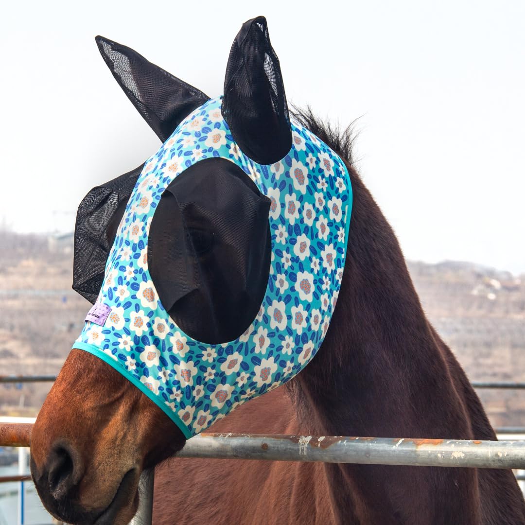Horzmetnex Stretchy Horse Fly Mask with Extra-Large Eyes & Mane Opening - Soft, Breathable Fly Mask for Horses, Tangle-Free Desi