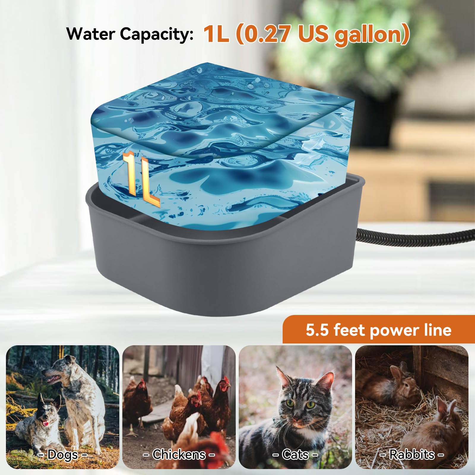 NAMSAN Heated Pet Bowl for Cats and Dogs, 1L Plastic, Indoor/Outdoor, Model CA-LS24-HB-XGFX, Hanging Heated Bowl