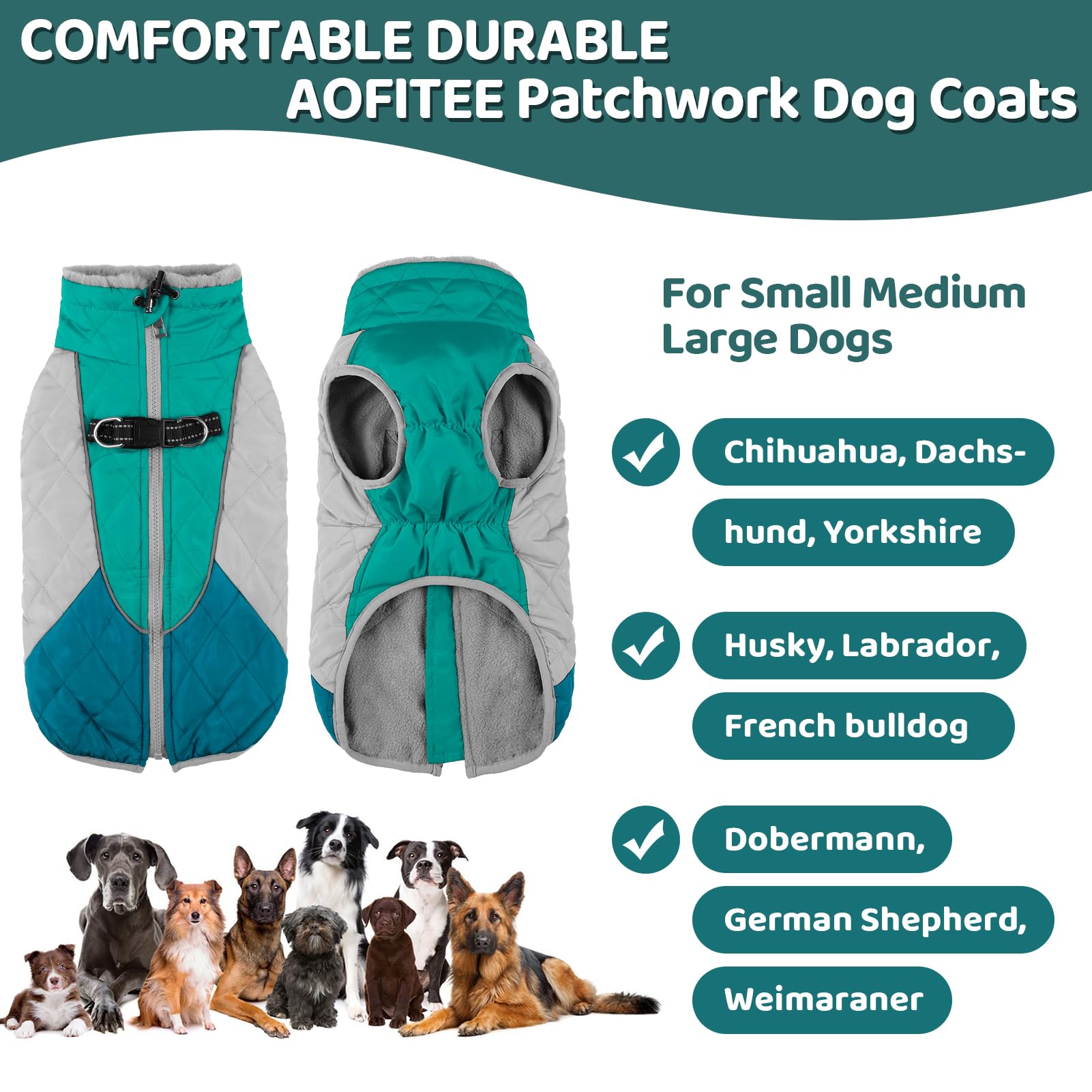 Aofitee Dog Coat, Warm Dog Jacket, Reflective Dogs Winter Coat With Harness Built In And Fleece Lined, Waterproof Pet Winter Jac