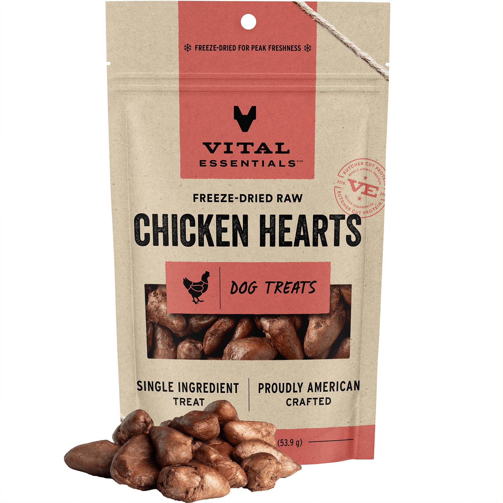 Vital Essentials Freeze Dried Raw Dog Treats, Chicken Hearts, 1.9 oz, High Protein, Grain Free, Gluten Free, New Packaging