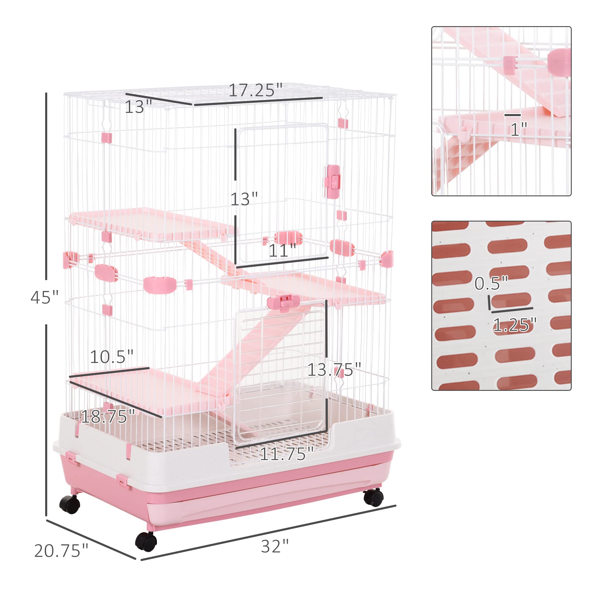 Pawhut 4-Level Small Animal Cage Rabbit Hutch With Wheels, Removable Tray, Platform And Ramp For Bunny, Chinchillas, Ferret, Pink