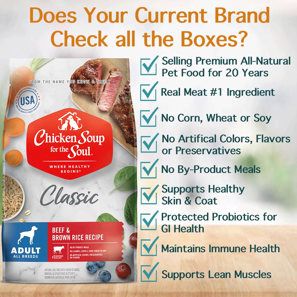 Chicken Soup for the Soul Adult Dry Dog Food, Beef & Brown Rice, 13.5lb, Real Meat First Ingredient, Supports Gut & Immune Health