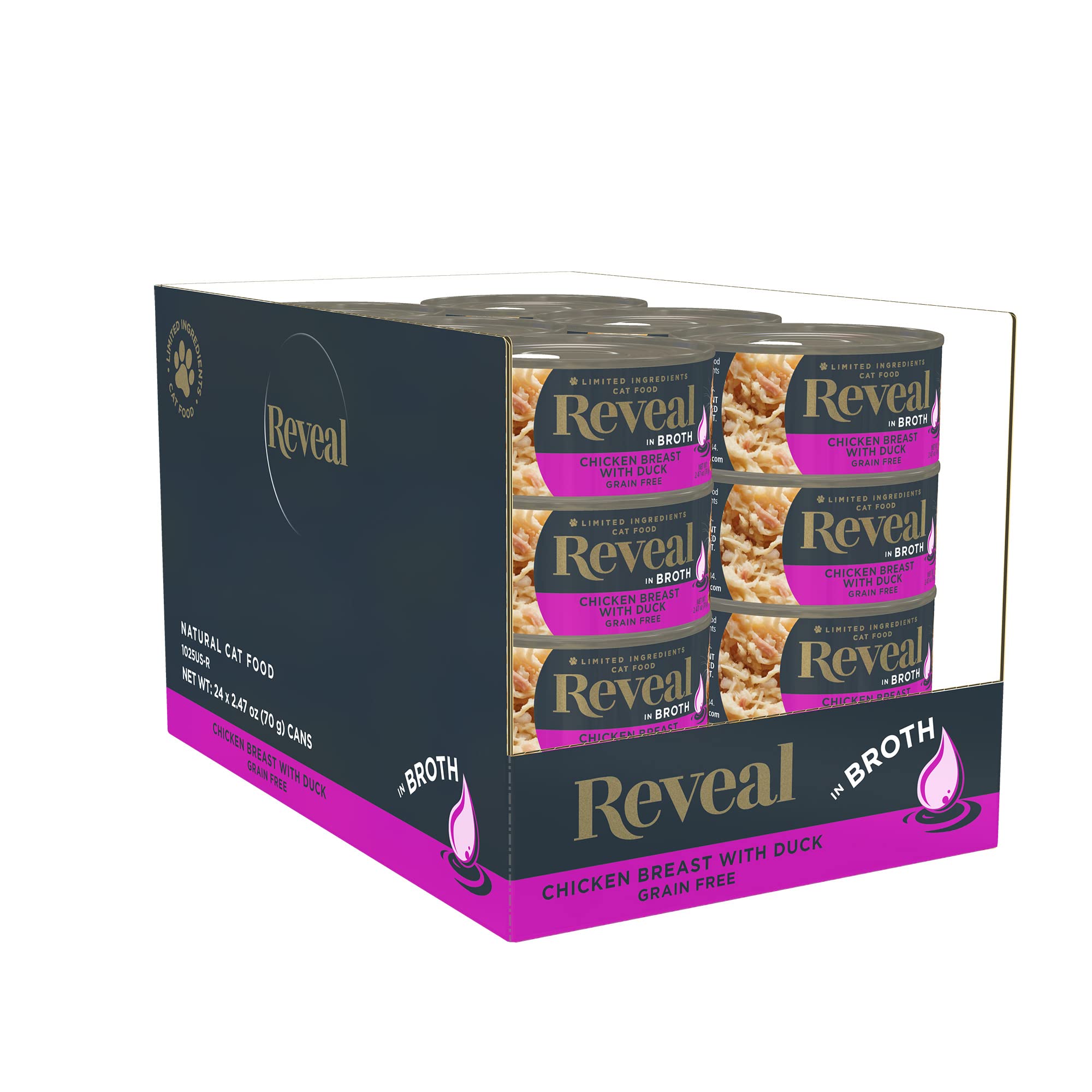 Reveal Natural Wet Cat Food, 24 Count, Grain Free, Limited Ingredient Canned Food for Cats, Chicken Breast with Duck in Broth, 2