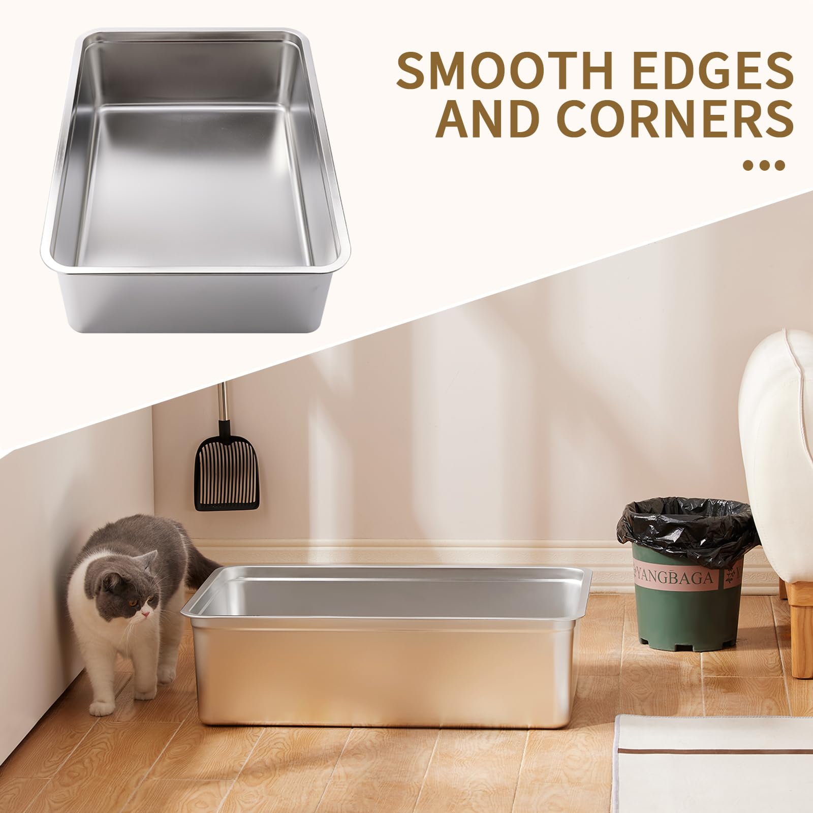 Yangbaga Extra Large Stainless Steel Litter Box, 28 X 20 X 6 Ultimate Metal Cat Litter Box With High Sides, Sturdy Long-Lasting