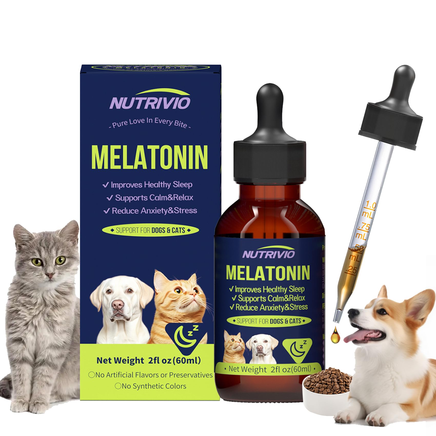 Nutrivio Liquid Melatonin for Dogs and Cats, Cat Melatonin, Dog Sleep Aid, Dog Anxiety Relief, Calming Behavior in Pets, Helps R