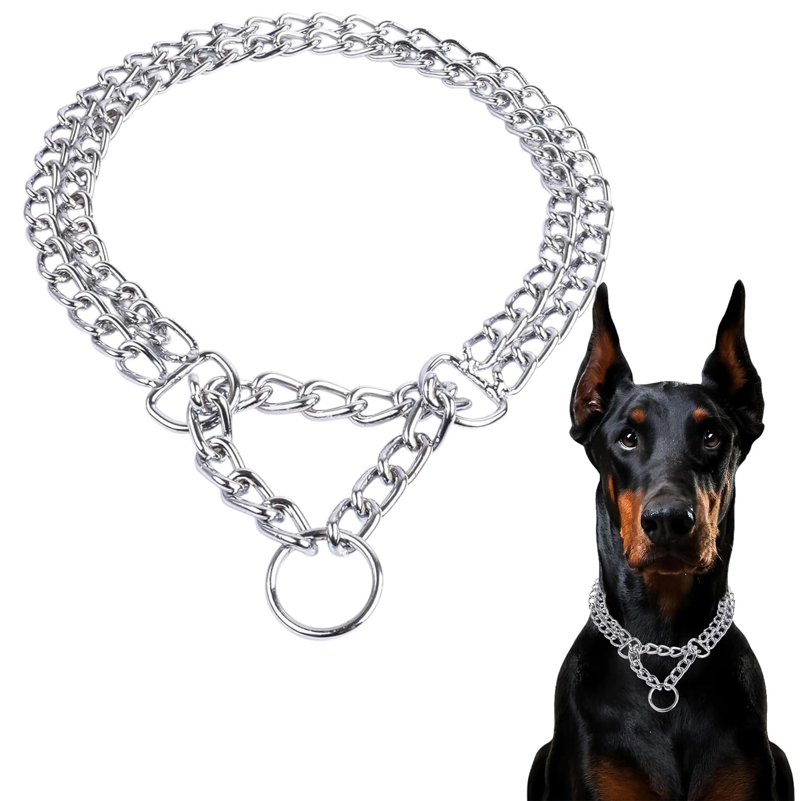 Heavy Duty Dog Choker Chain Collar, Silver Double Row Martingale Chain Dog Collars, Chew Proof Metal Cuban Link Dog Collars Adju
