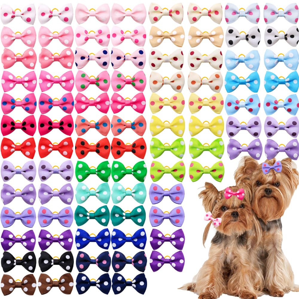100Pcs Polka Dot Puppy Bows For Small Size Dogs Girl Doggie Bows With Rubber Bands Colorful Ribbon Top Knot Bows For Pet Fur Gro