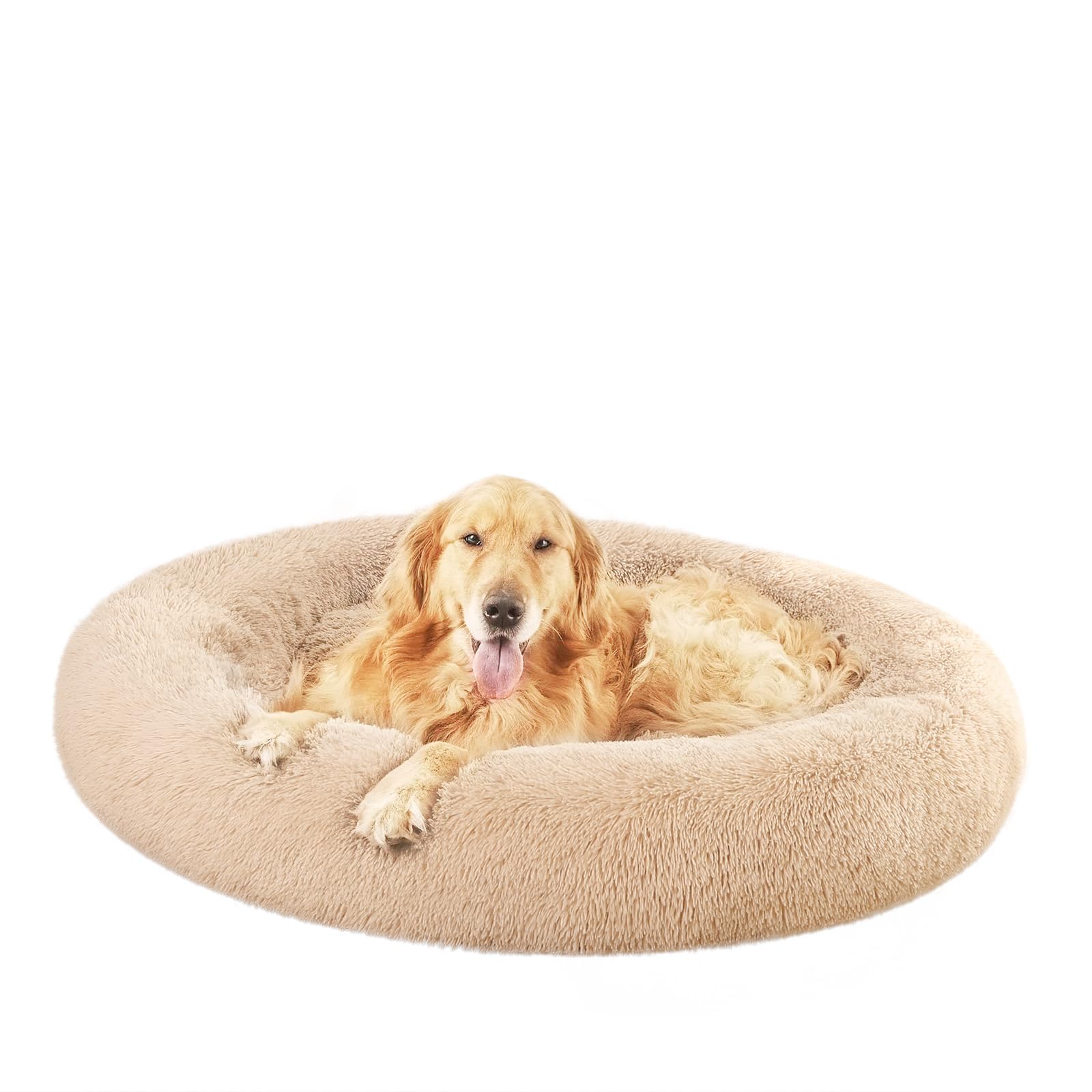 Amazon Basics Donut Pet Bolster Faux Fur Bed for Dog, Beige, 45'' x 45''