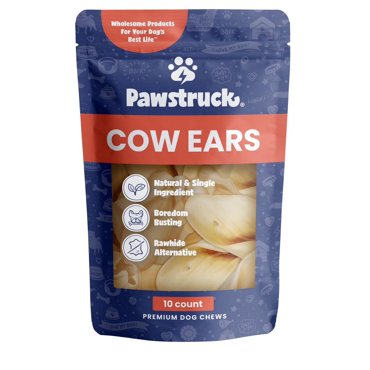 Pawstruck Natural Jumbo Cow Ears For Dogs - Healthy Rawhide Free, Highly Digestible Low Calorie & Long Lasting Dental Chew Treat For Small, Medium, Large Chewers - Pack Of 10 - Packaging May Vary