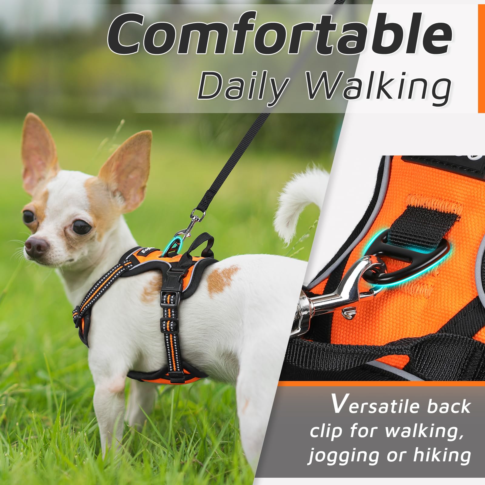 Eagloo Small Dog Harness No Pull, Service Vest With Reflective Strips And Control Handle, Adjustable And Comfortable For Easy Walking, No Choke Pet Harness With 2 Metal Rings, Orange, Xs