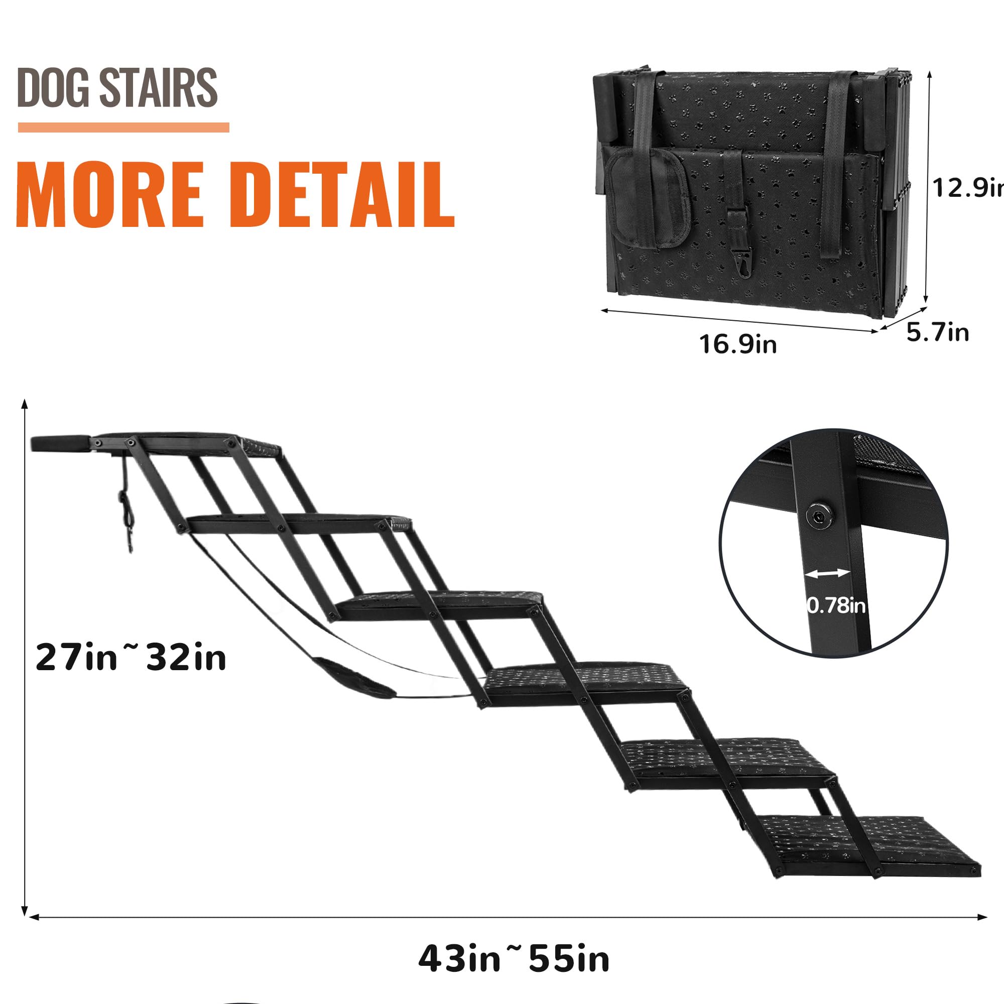 Heeyoo Foldable Dog Stairs for Car, Non-Slip Surface, Portable Dog Steps for Large Dogs, 6 Steps, Supports Up to 200 Lbs, Black
