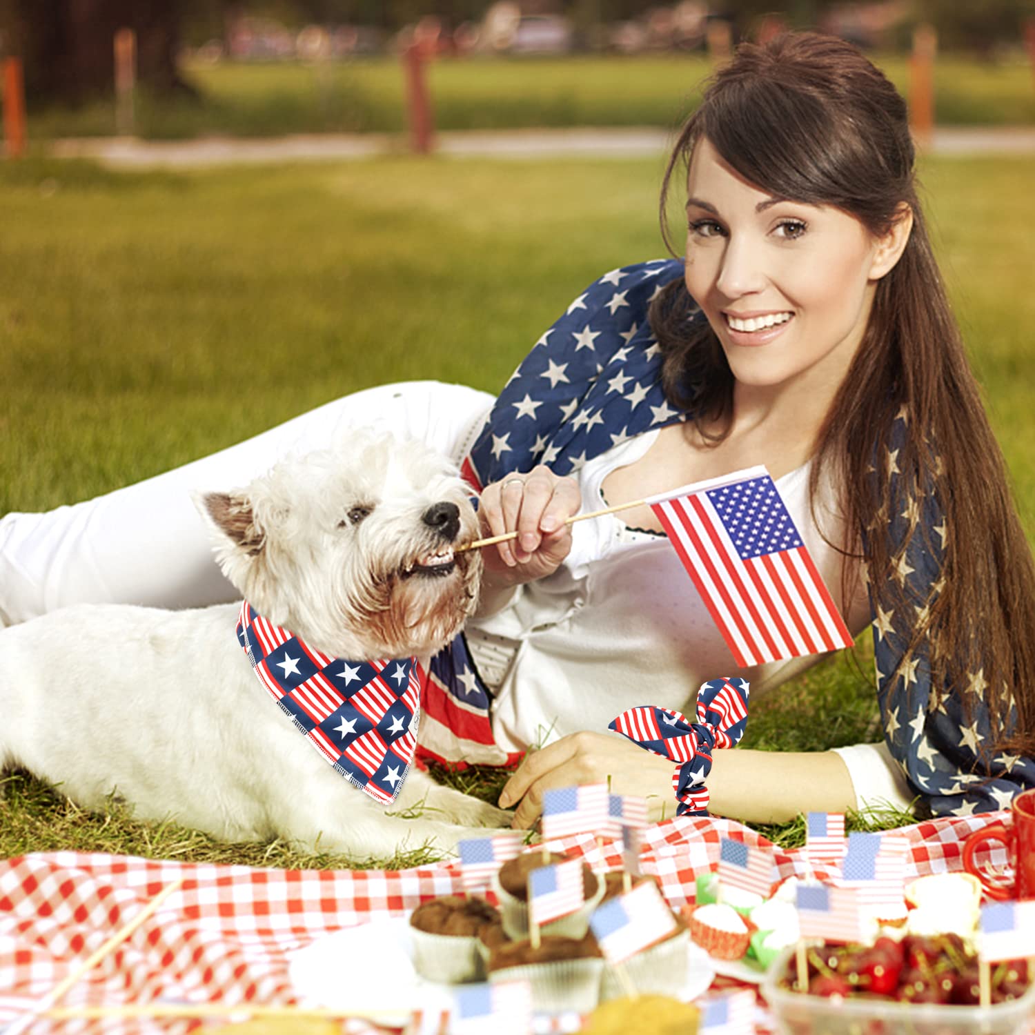 E-Clover 4Th Of July Dog Bandanas & Matching Scrunchie Set American Flag Dog Scarf Washable Patriotic Pet Bandana Kerchief Bibs