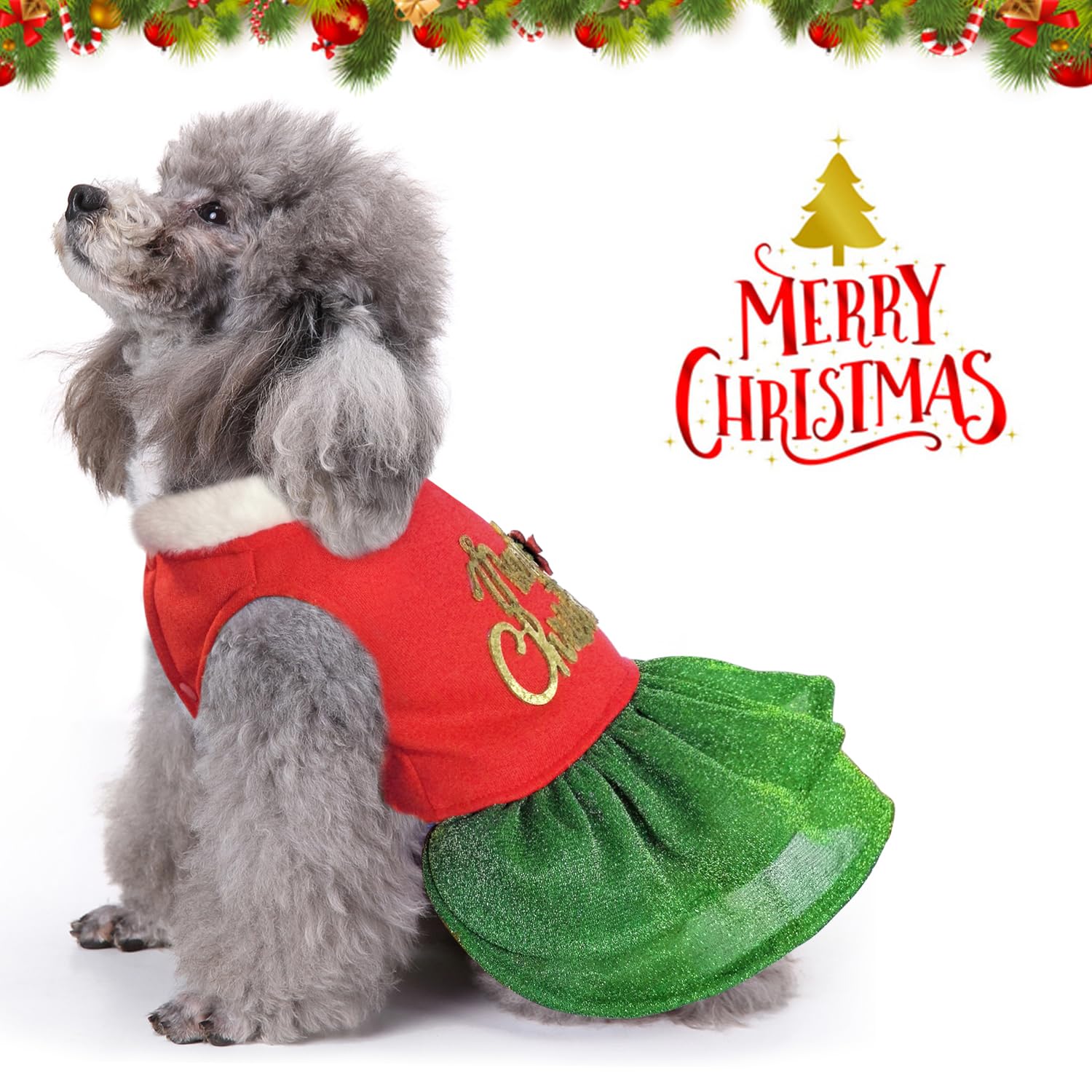 Otunrues Merry Christmas Dog Dress - Cute Holiday Costume Outfit For Small Medium Dogs - Fleece Clothes For Pets - Red & Green X