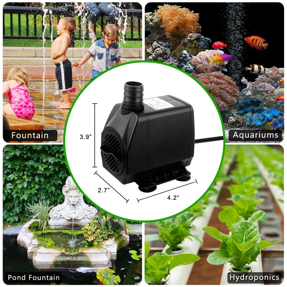 PULACO 800GPH Submersible Pump, 45W Durable Fountain Pump with 6.5 ft Tubing, 4 Nozzles for Fish Tank or Pond, Black, Model