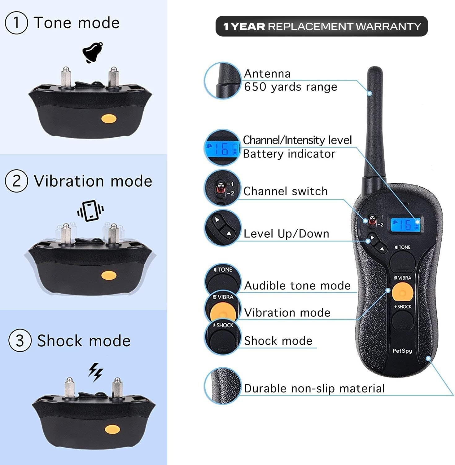 Petspy Shock Collar For Dogs-Waterproof Dog Shock Collar With Remote Control,Vibration,Electric Shock,Beep-E Collar For Dogs Tra