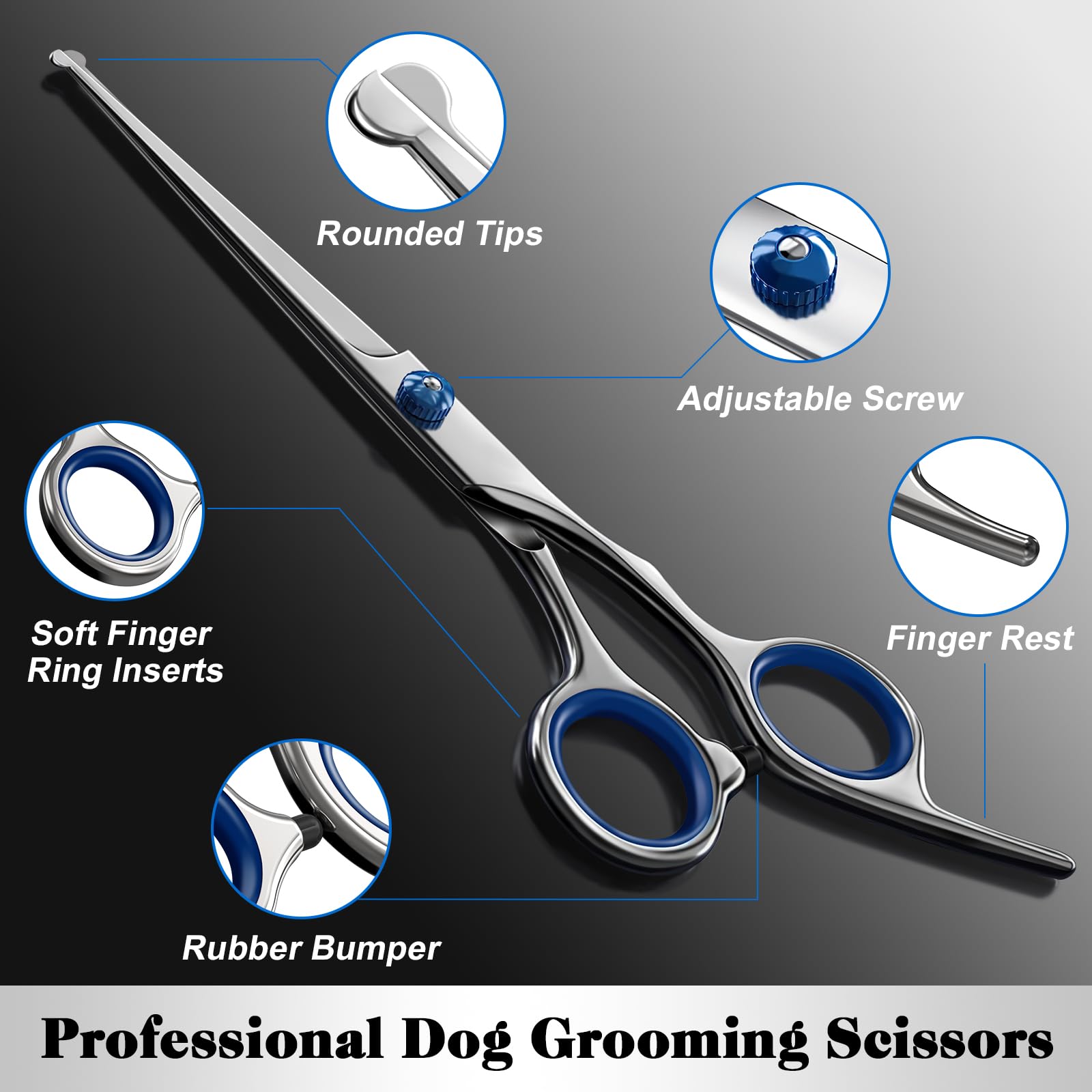 Professional 4 in 1 Dog & Cat Grooming Scissors Kit with Safety Round Tips,Sharp & Durable,Dog Shears for Grooming - Includes St