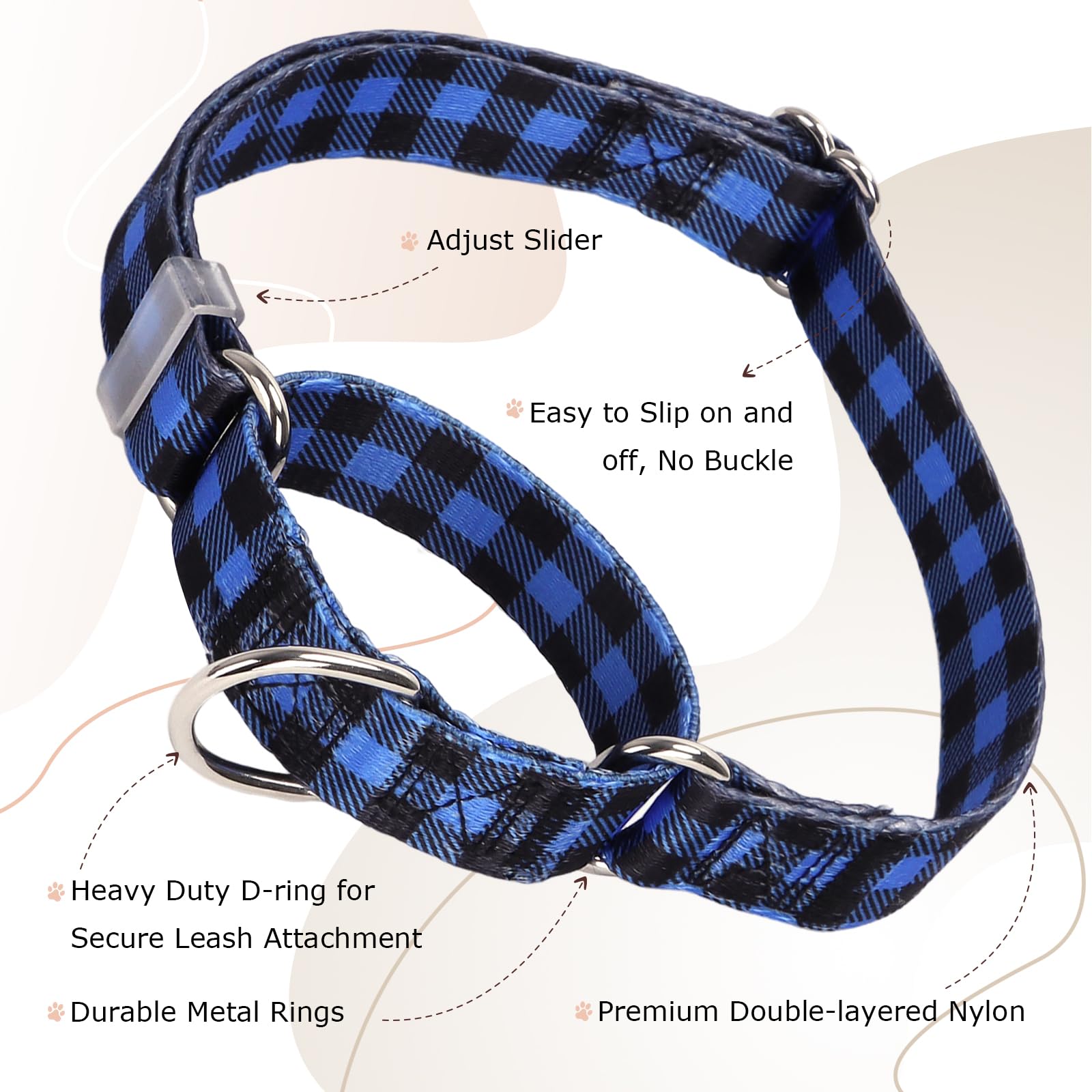 Martingale Collar For Dogs Large Medium Small, With Special Blue Plaid Design, Adjustable Premium No Slip Collar For Girl Boy Do