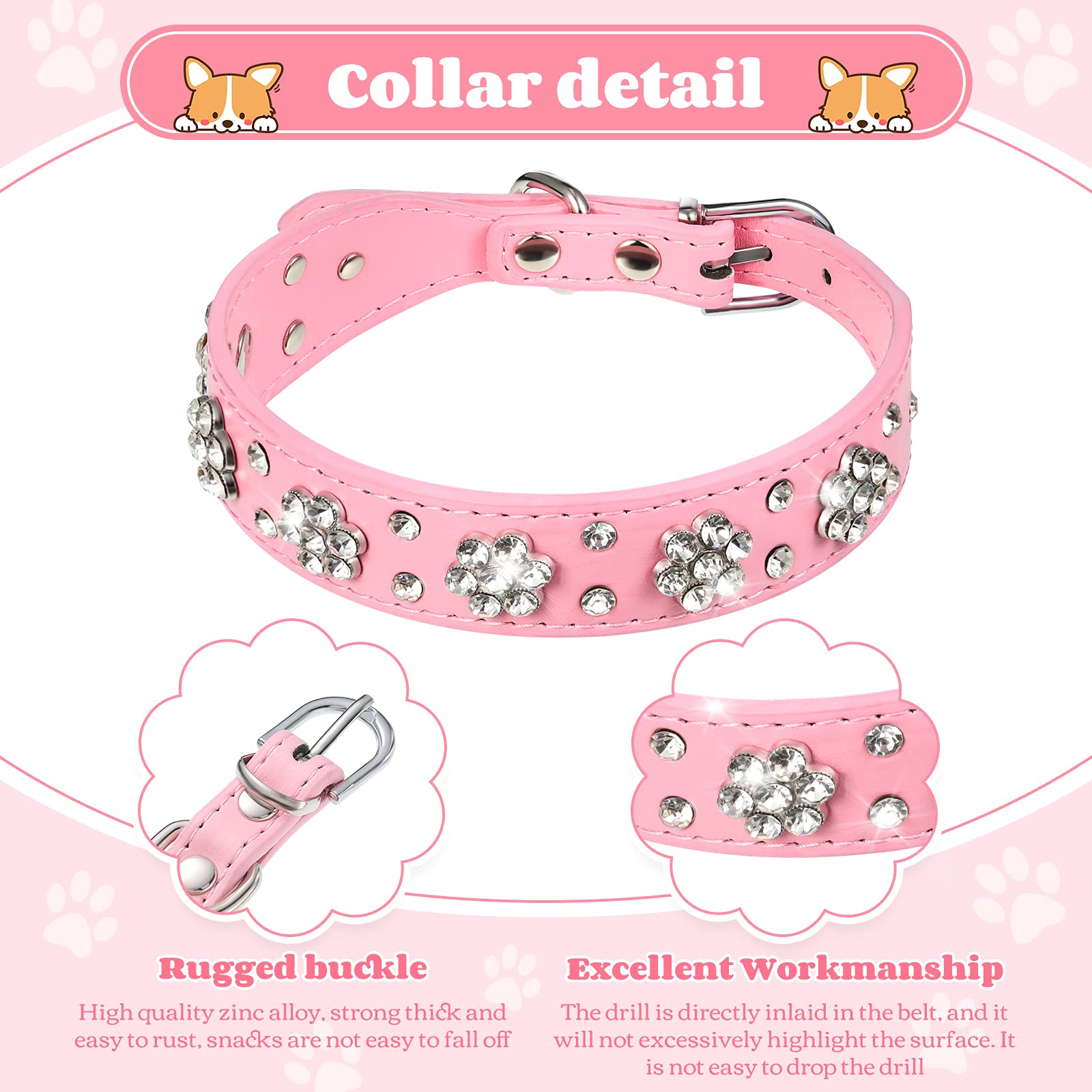 2 Pieces Pu Leather Dog Collar Pink Rhinestone Pet Collar Flower Pattern Studded Dog Collar Adjustable Bling Puppy Collar Pu Leather Crystal Pet Collars For Dogs (M 12-15 Inch)