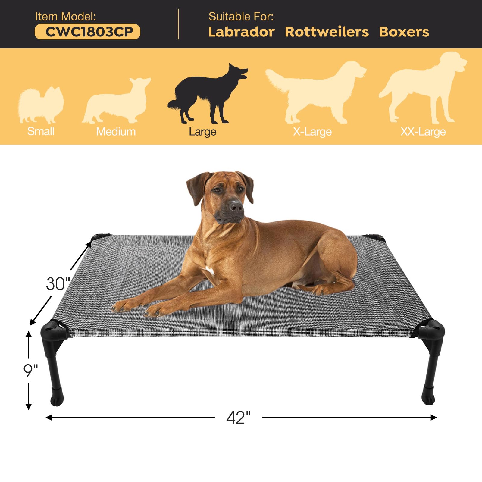 Veehoo Cooling Elevated Dog Bed, Portable Raised Pet Cot With Washable & Breathable Mesh, No-Slip Feet Durable Dog Cots Bed For Indoor & Outdoor Use, Large, Cwc1803-L Black Silver