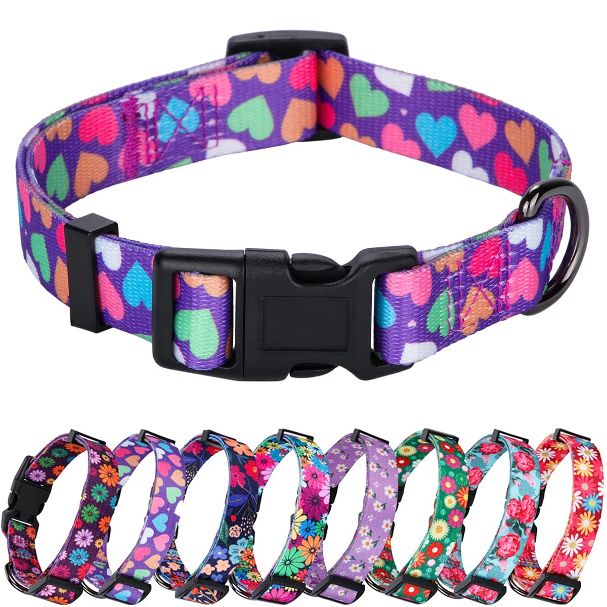 Rhea Rose Girl Dog Collars Spring Cute Heart Pattern Lovely Print Purple For Medium Dogs