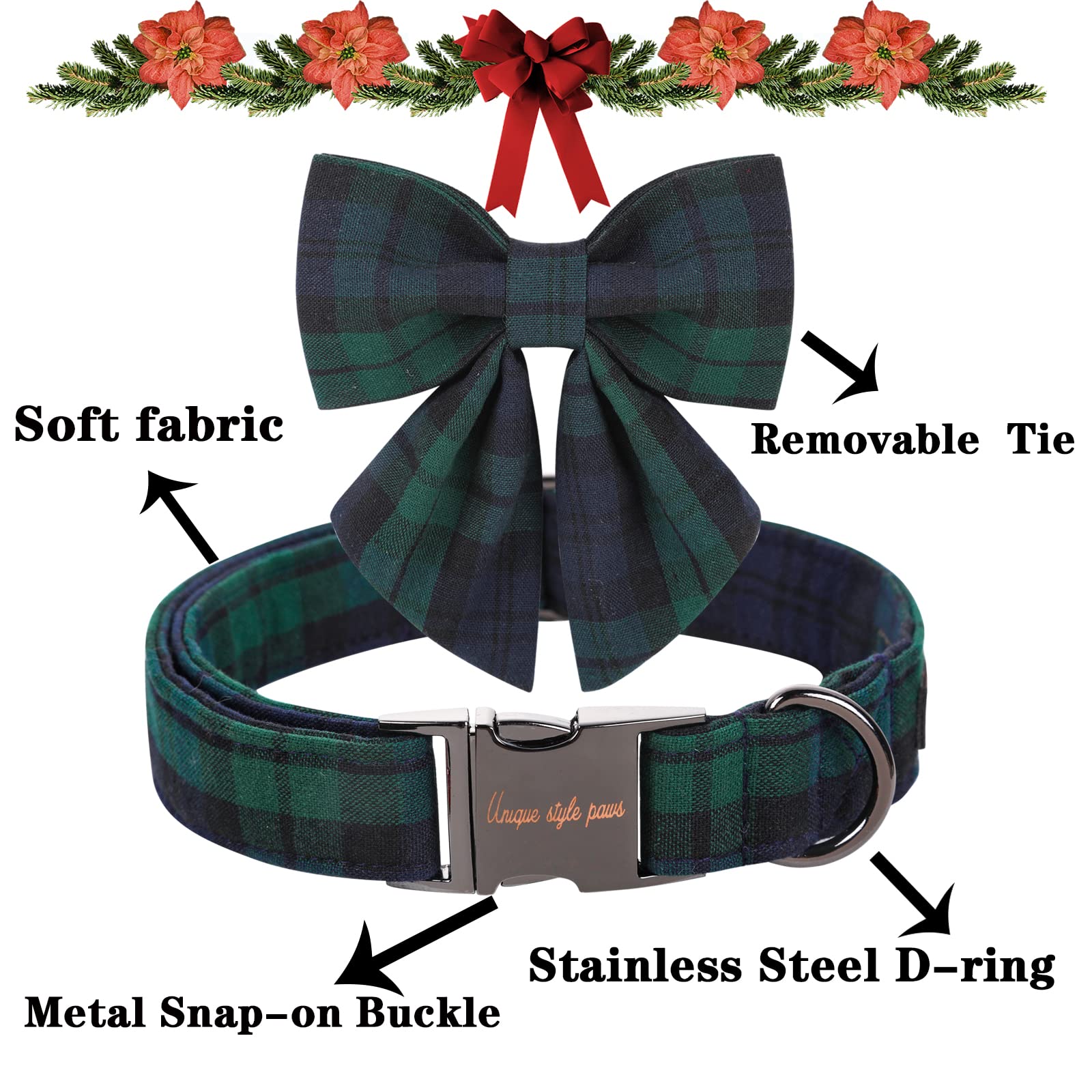 Unique Style Paws Christmas Dog Collar With Bow Tie Green Plaid Puppy Collar For Small Medium Large Dogs As Autumn Winter Pet Gifts-Xs