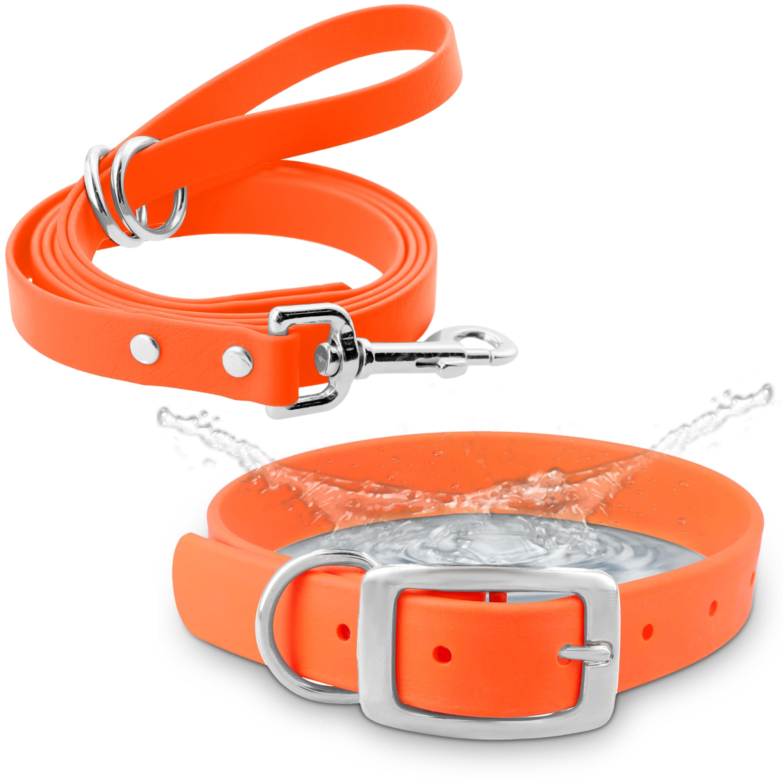 Regal Dog Products Large Orange Waterproof Dog Collar and Leash Set | Heavy Duty Double Buckle & D Ring - 5'ft Leash | Adjustabl