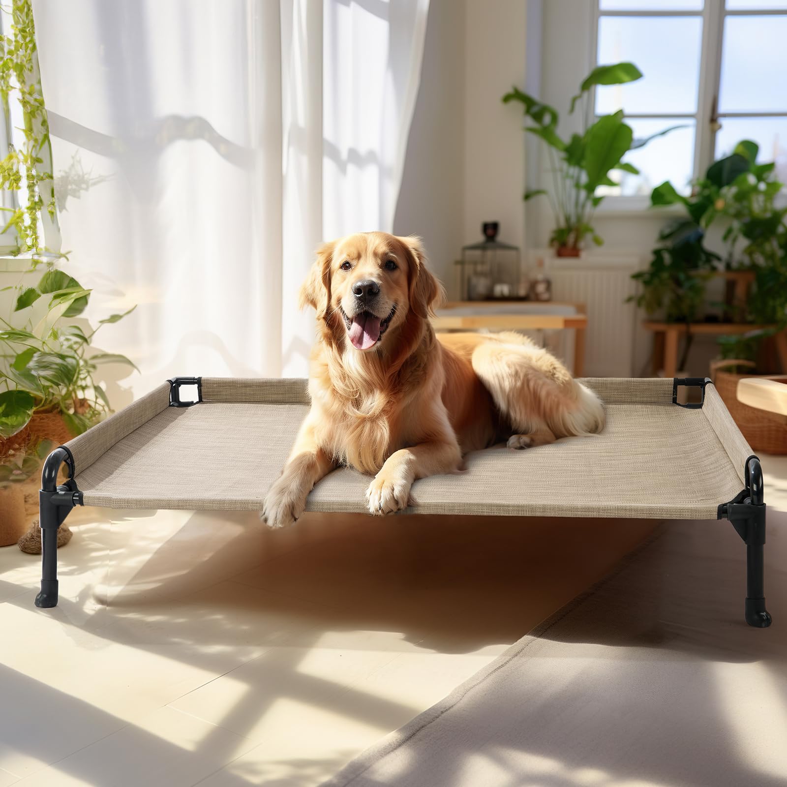 Veehoo Elevated Raised Dog Bed-Cooling Outdoor Dog Cots Bed for Large Sized Dogs Three-Sided Fence Raised Pet Cot with Durable &