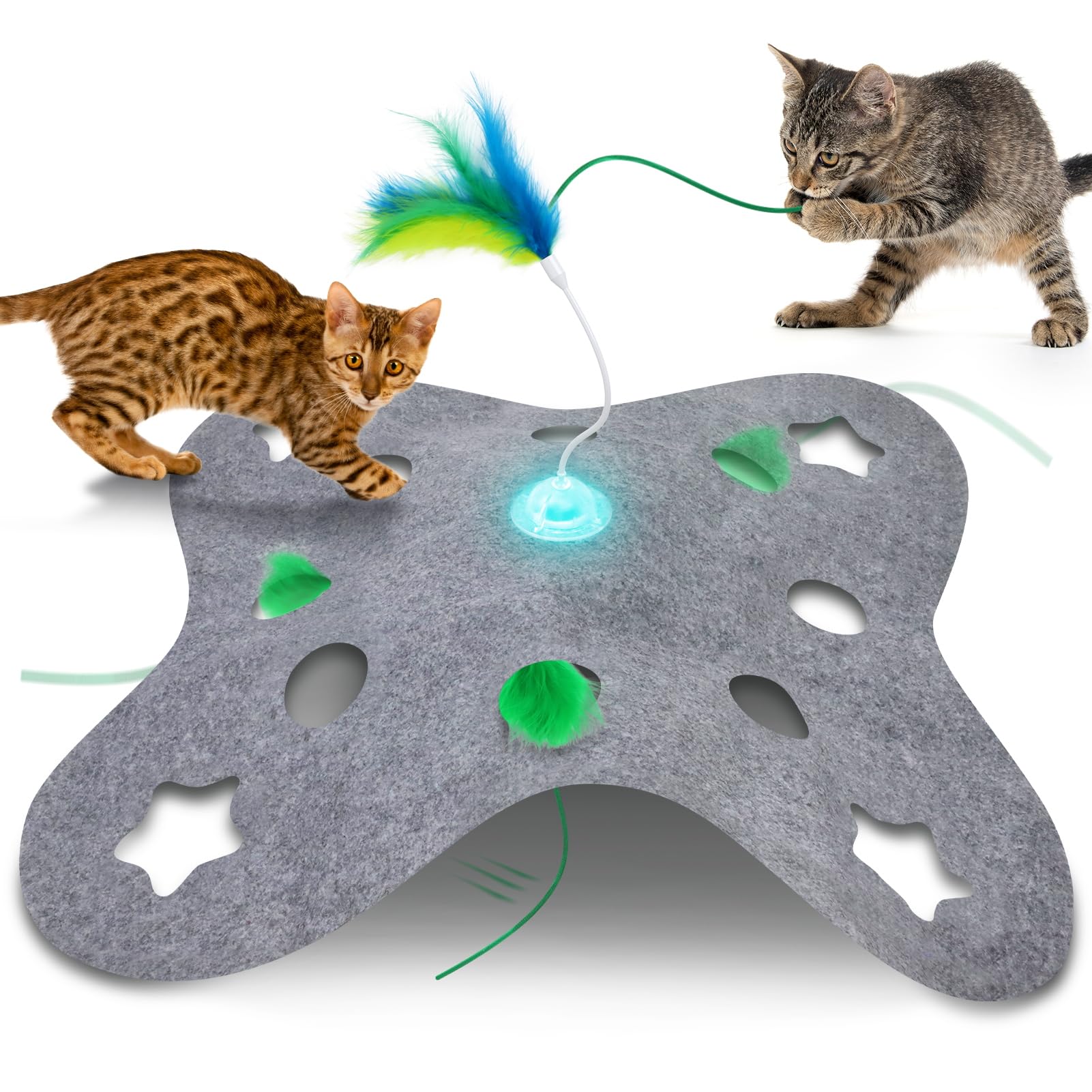 Giociv Interactive Cat Toys for Indoor Cats Exercise Toys Spin Feather Wand Tumbler Base, Touch Activate Mode Peek-A-Boo Felt Co