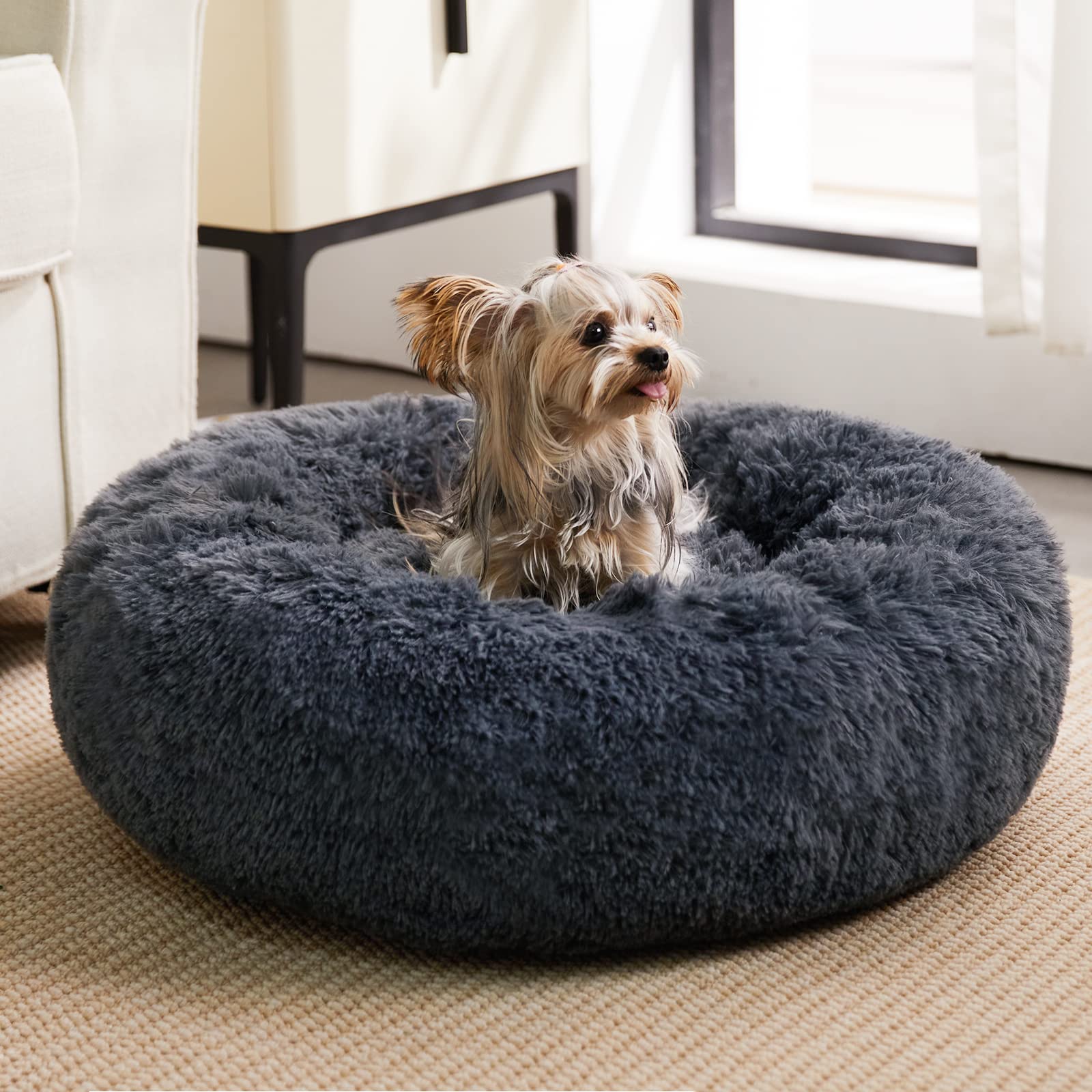 Wnpethome Calming Dog & Cat Bed, Anti-Anxiety Donut Bed, Fluffy Faux Fur Cushion For Small Dogs And Cats (20 X 20 X 8 Inch, Navy