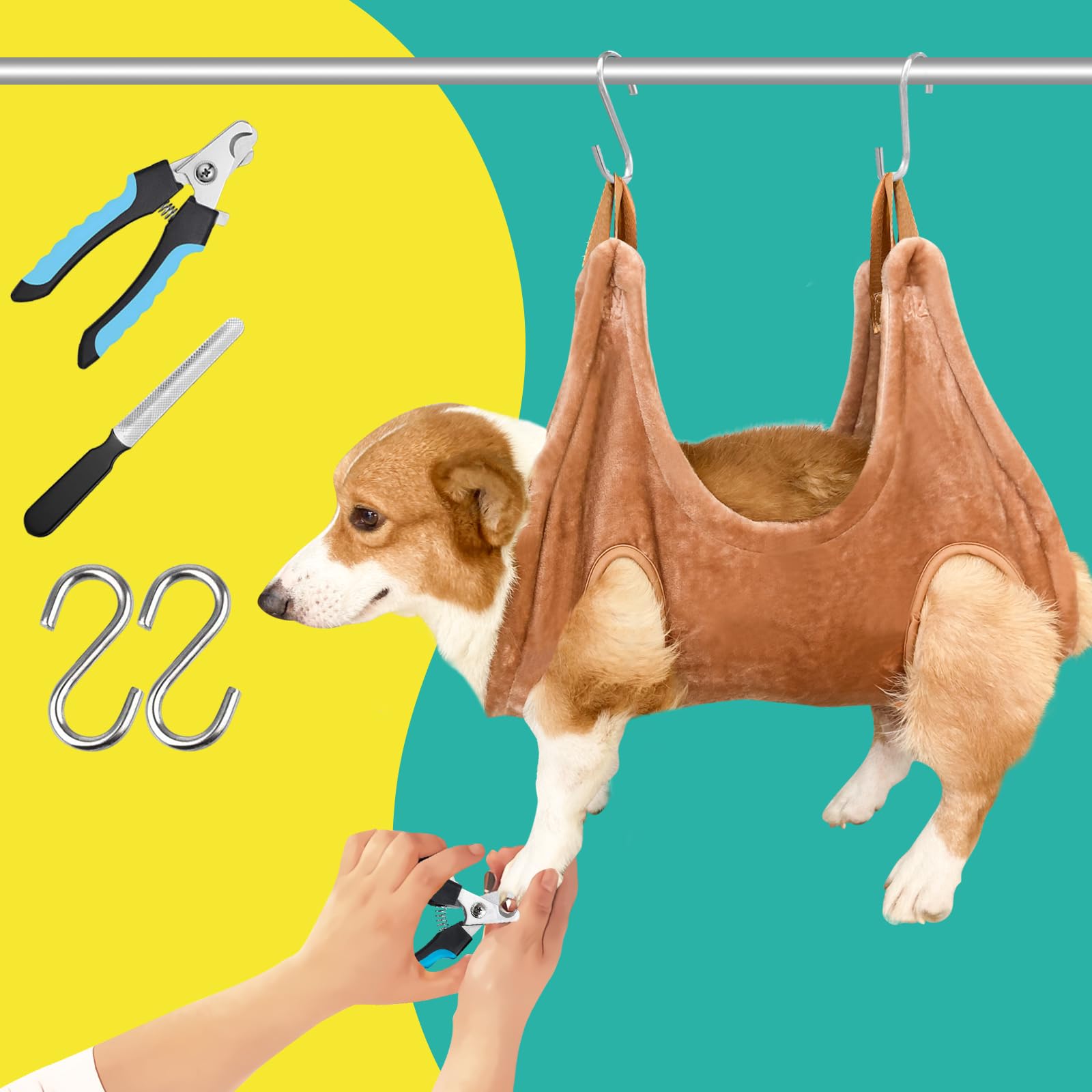 Wscxsc Dog Grooming Kit, Dog Grooming Supplies, Dog Grooming Hammock, Dog Grooming Harness, Dog Nail Clippers, Dog Nail Grinder, Hooks, Dog Hammock Kit For Nail Trimming/Hair Trimming(Coffee, M)