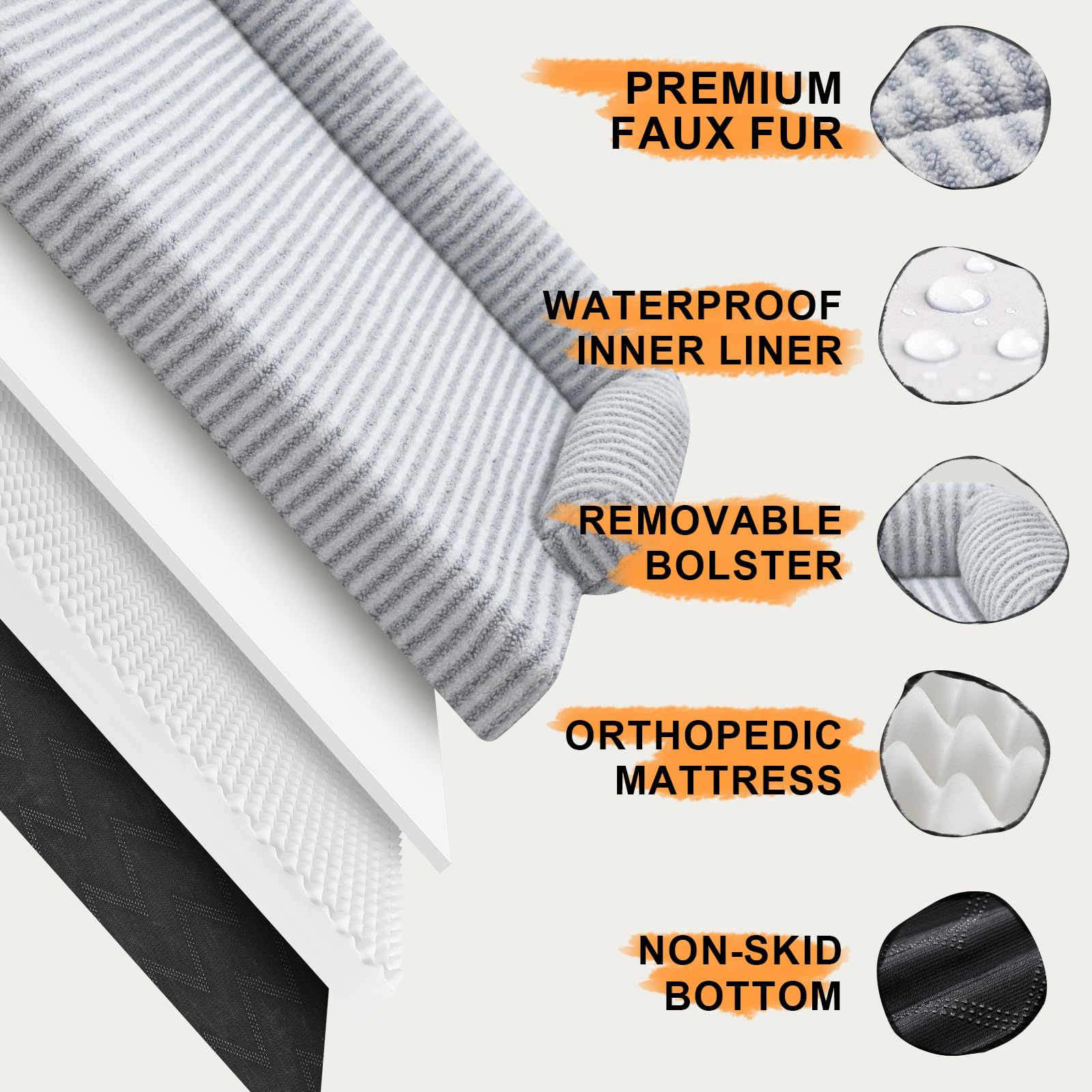 MEKIY Orthopedic Waterproof Dog Bed - Extra Large 42"x30"x8" - Light Gray Stripe, Washable Cover, Non-Slip Bottom