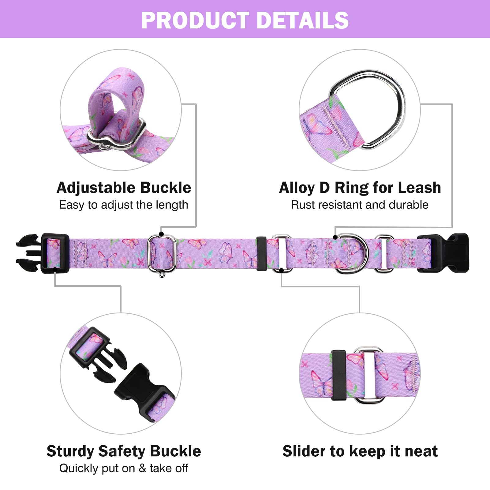 Hikiko Martingale Collar For Dogs Purple Butterfly Nylon Dog Collars With Buckle For Cute Girl Small Medium Large Dogs(Purple Bu