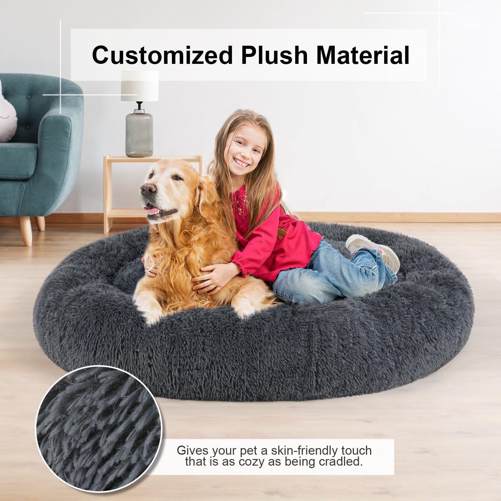 Dog Bed, Cat Calming Bed, Faux Fur Pillow Pet Donut Cuddler Round Plush Bed For Large Medium Small Dogs And Cats (Dark Grey, 49.