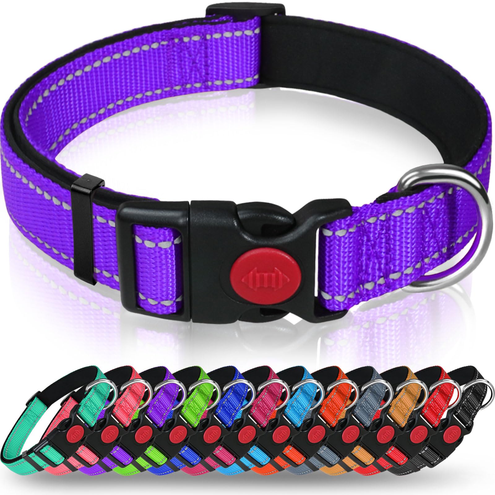 Taglory Reflective Dog Collar With Safety Locking Buckle, Adjustable Nylon Pet Collars For Extra Large Dogs Female Male, Purple,