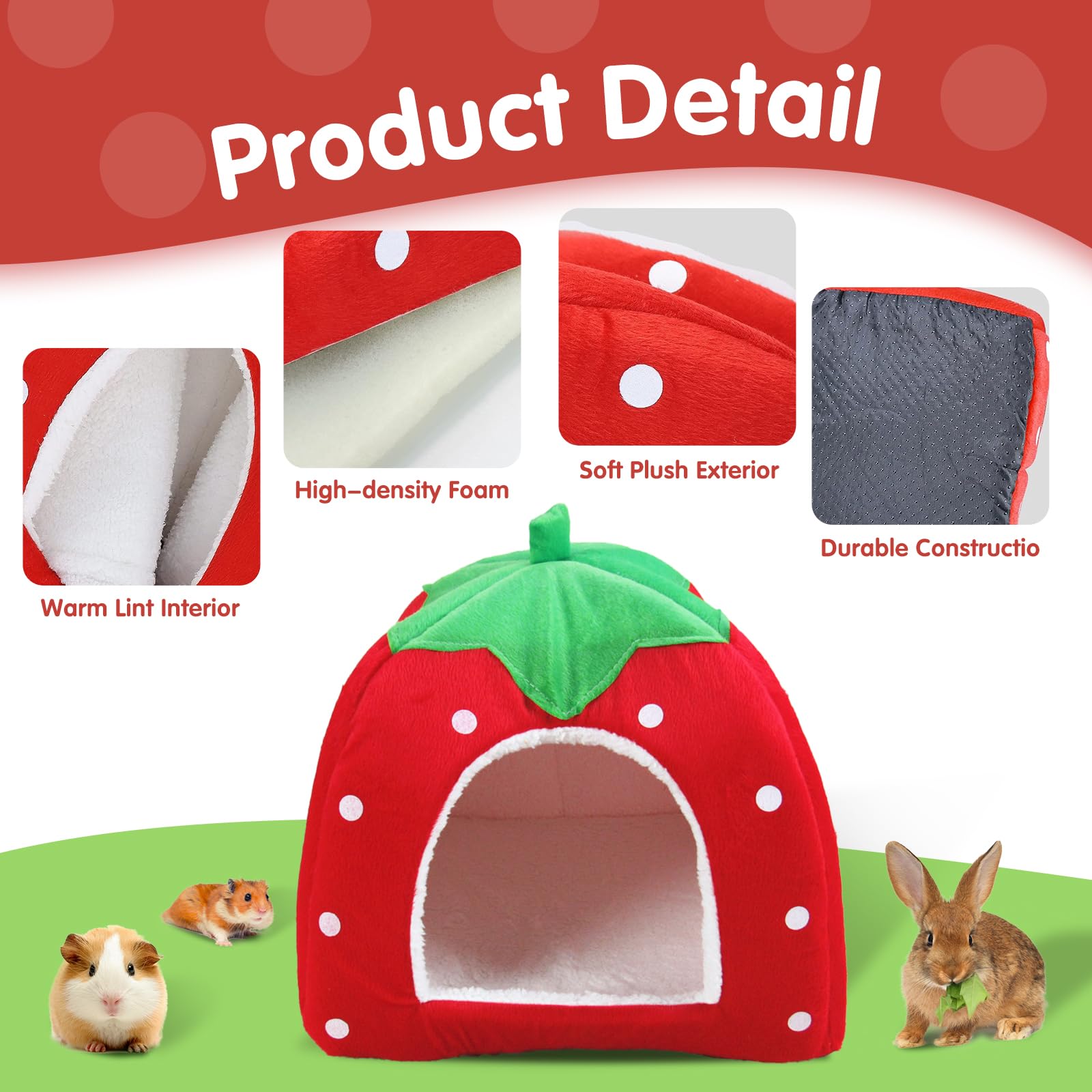 Guinea Pig Bed, Cozy Rabbit Hideout With Warm Fleece Washable Cuddle Cup Winter Sleeping House For Small Pets Strawberry Style