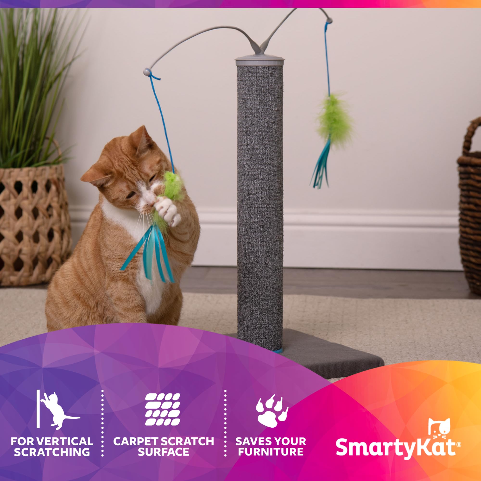 SmartyKat Scratch N Spin Carpet Cat Scratching Post with 2 Spinning Wand Toys, Plus 2 Replacement Wands - Gray & Blue