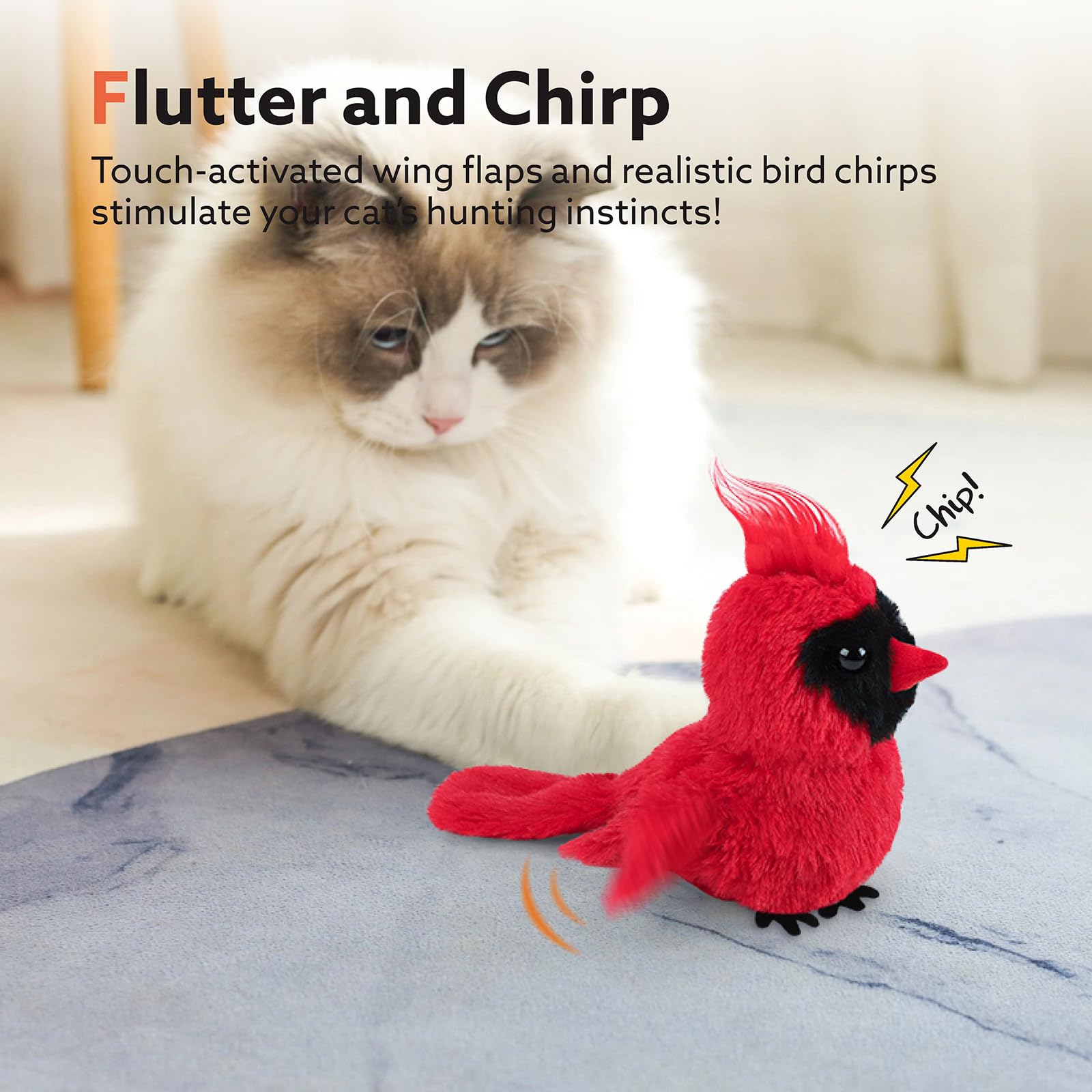 Aiperro Flapping Cardinal Cat Toys, Interactive Cat Exercise Toy With Lifelike Bird Chirp, Usb Rechargeable Automatic Cat Kicker