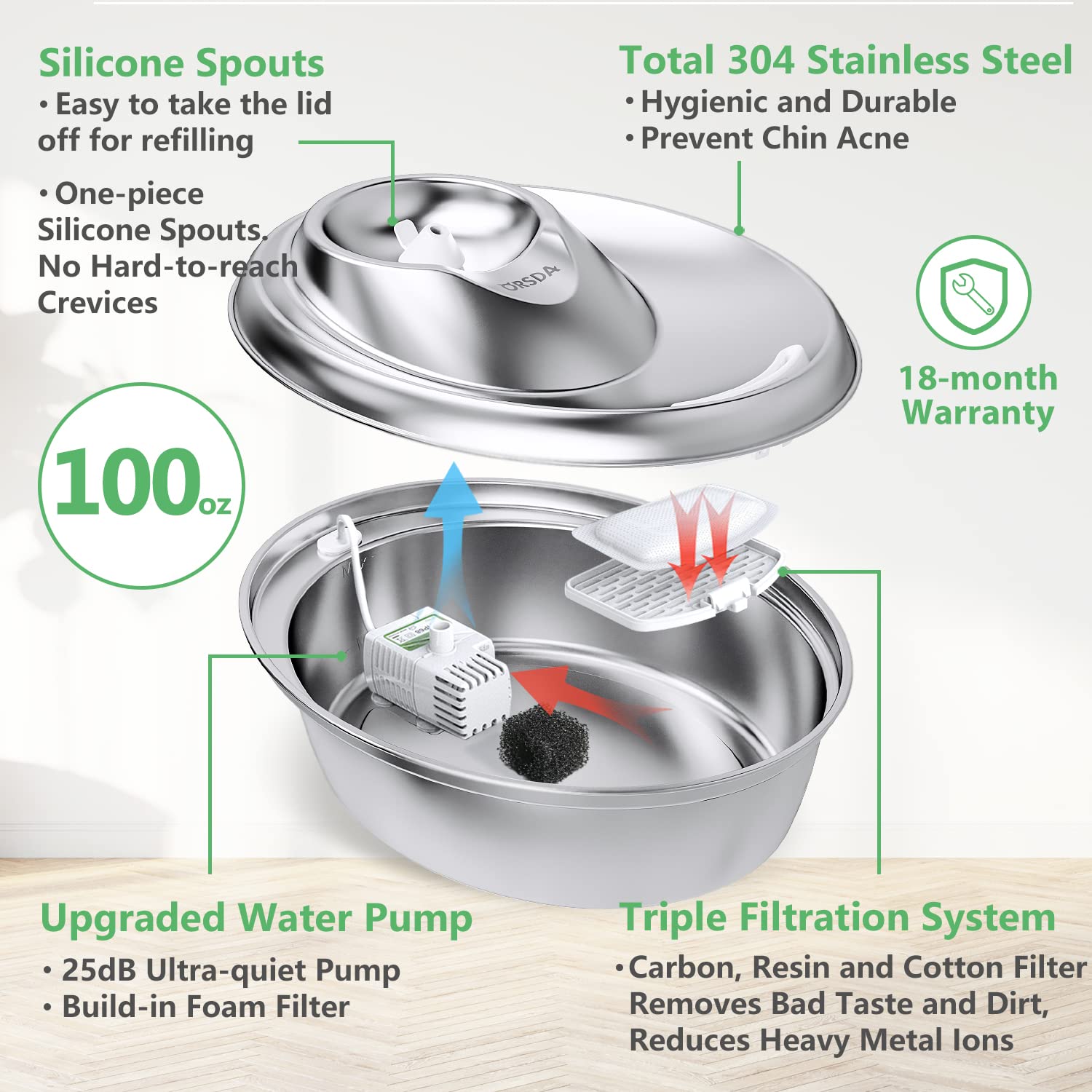 ORSDA Stainless Steel Cat Water Fountain 3L, Automatic Pet Fountain with Silicone Mat, Filter x 6, Model D60