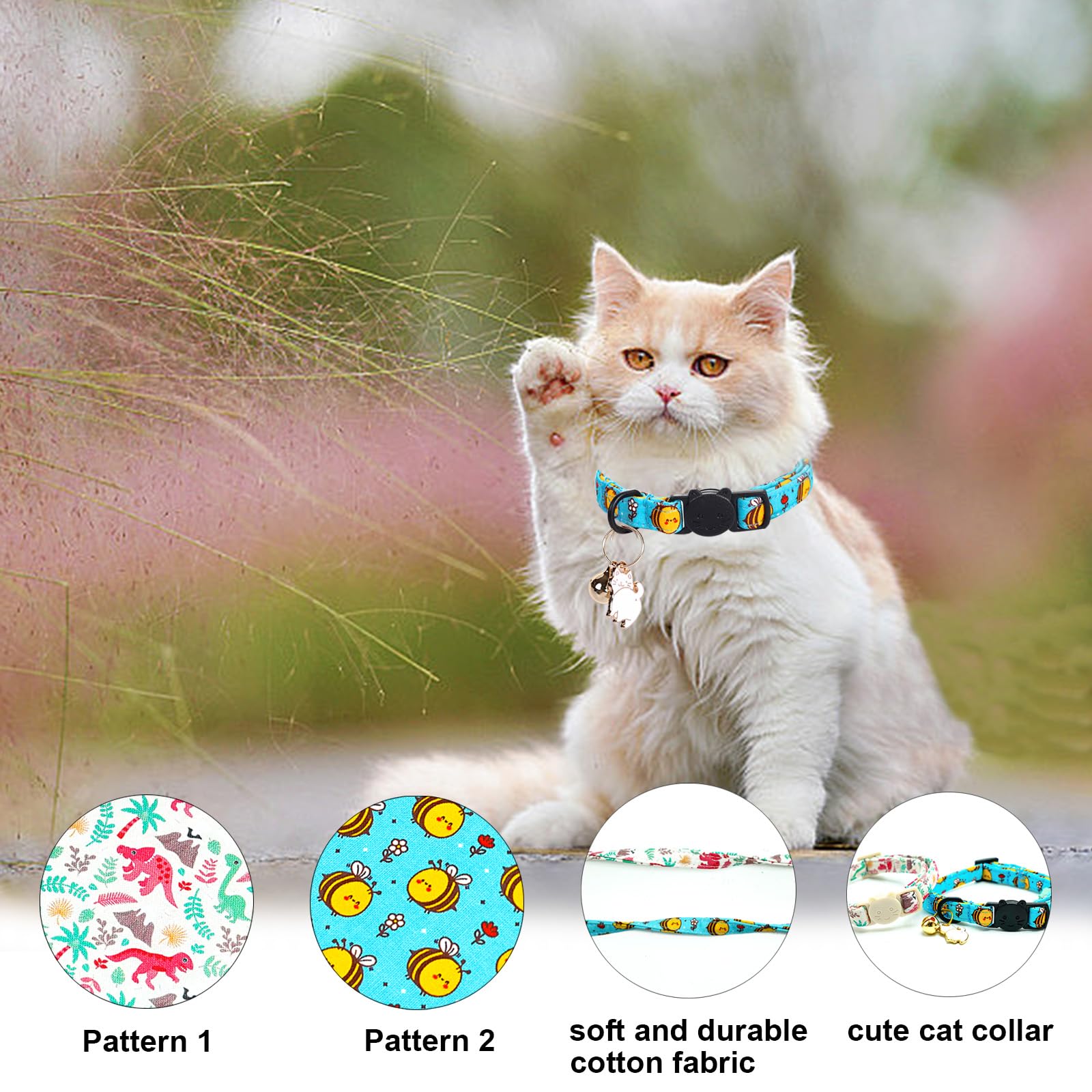 Lionheart Glory 2 Pack Cat Collar Breakaway With Bell & Pendant Dinosaurs Bees Print Kitten Collar Soft Adjustable Safety Cat Co