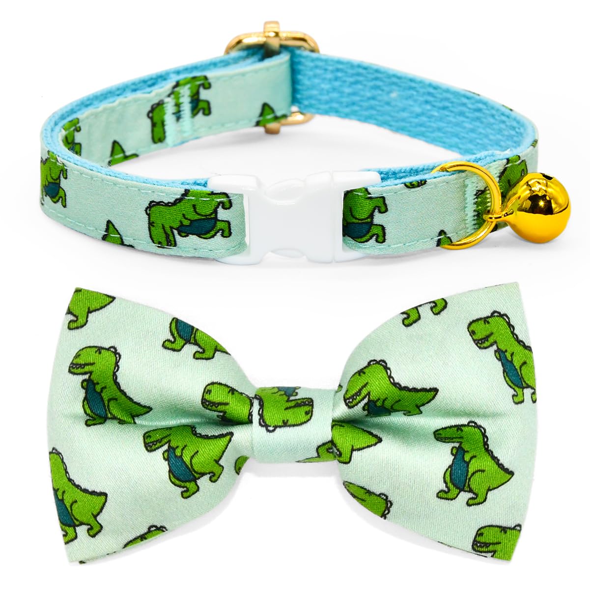 Dinosaur Cat Breakaway Collar Bow Tie With Bell, Safety Buckle Collar Bowtie For Cats